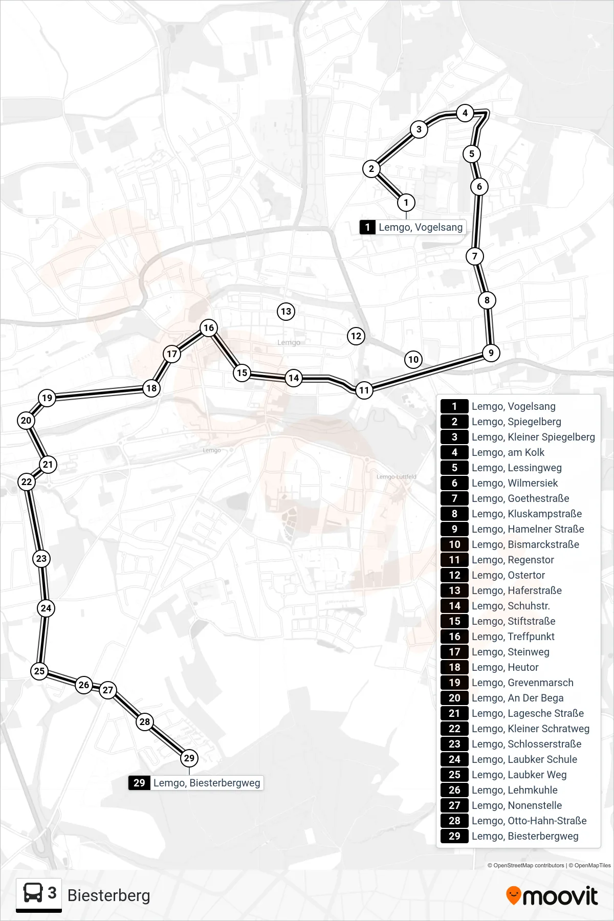 Linie 3 (Bus) Richtung Biesterberg: Route und Haltestellen auf der Karte