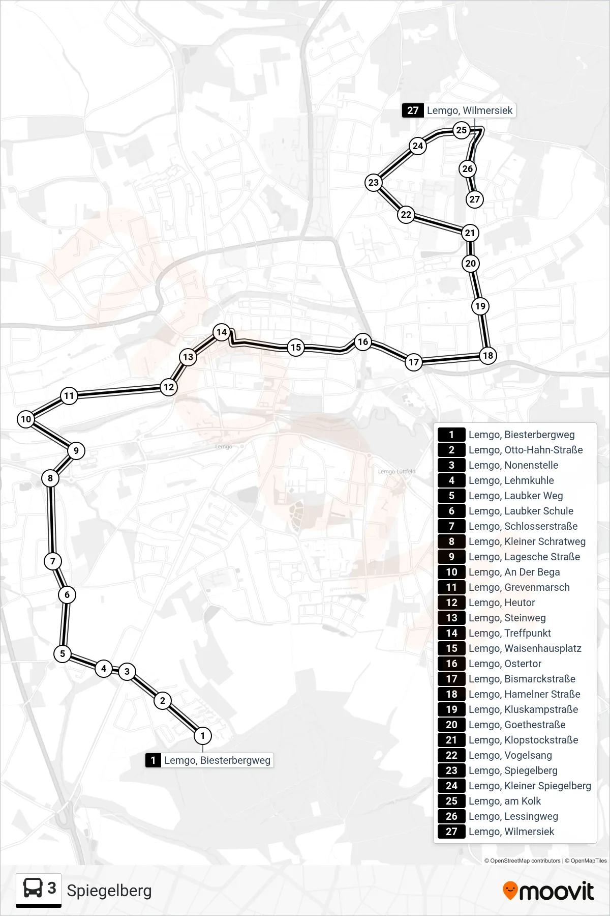 Linie 3 (Bus) Richtung Spiegelberg: Route und Haltestellen auf der Karte