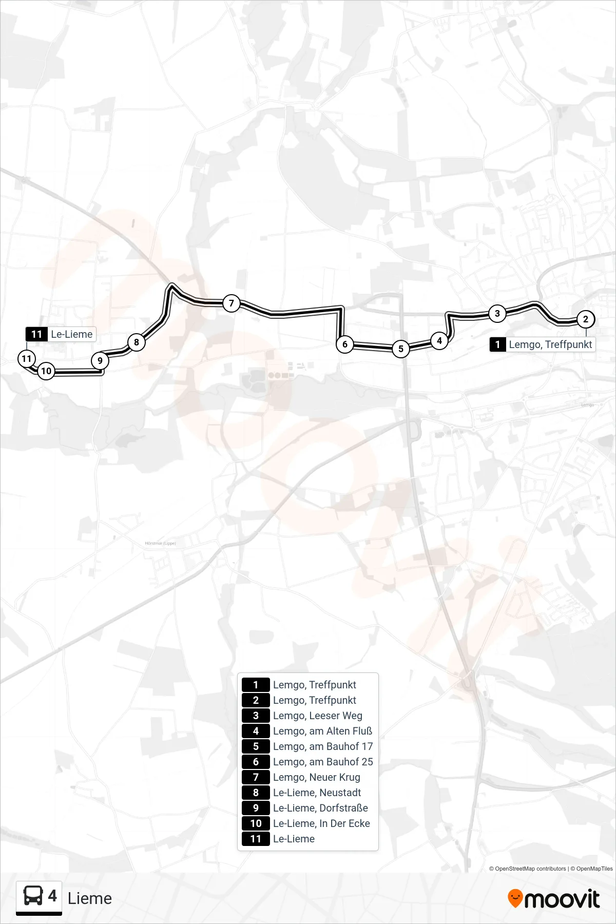 4 bus Line (Lieme) route and stops on a map