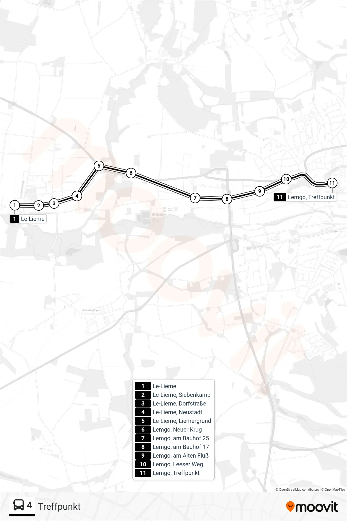 Linie 4 (Bus) Richtung Treffpunkt: Route und Haltestellen auf der Karte
