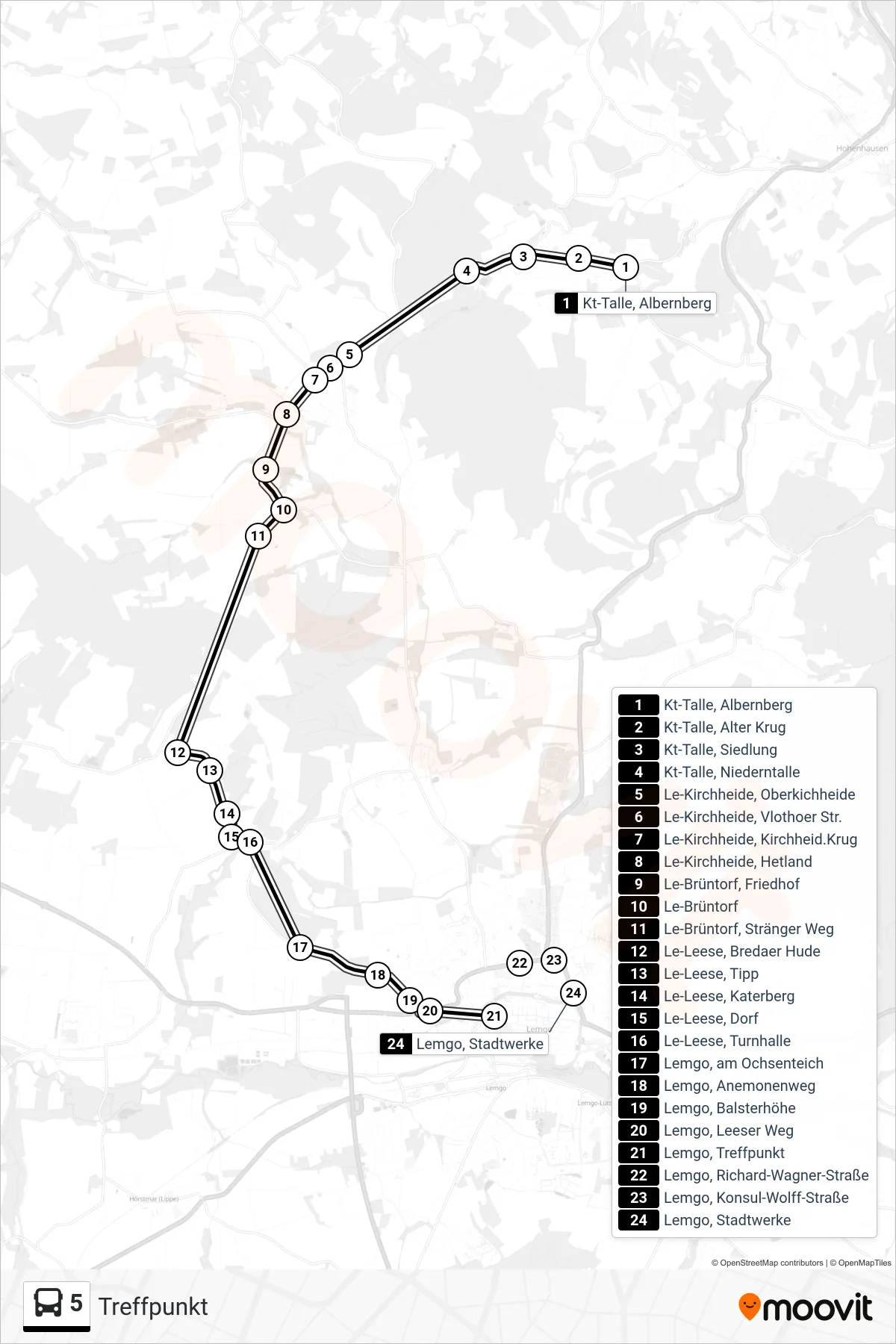 Linie 5 (Bus) Richtung Treffpunkt: Route und Haltestellen auf der Karte