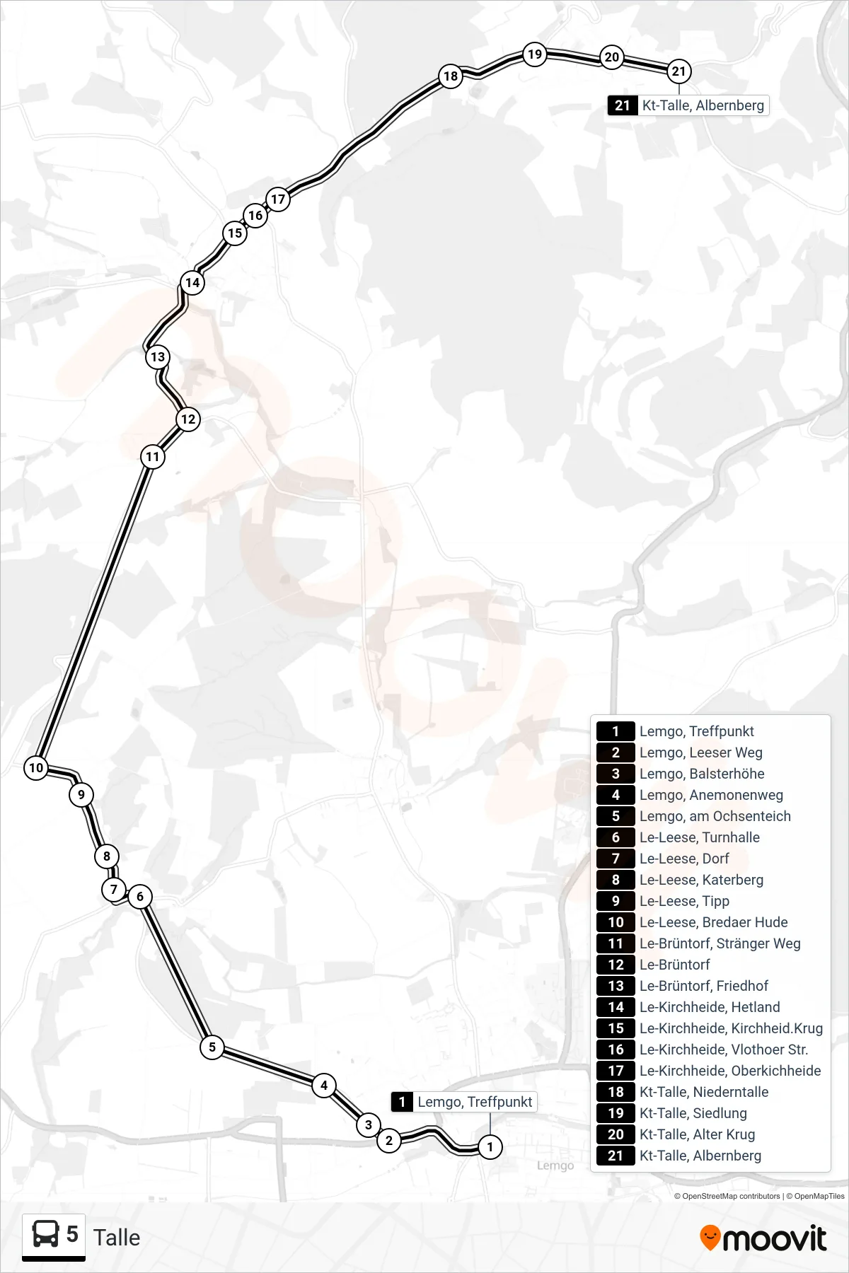 Linie 5 (Bus) Richtung Talle: Route und Haltestellen auf der Karte