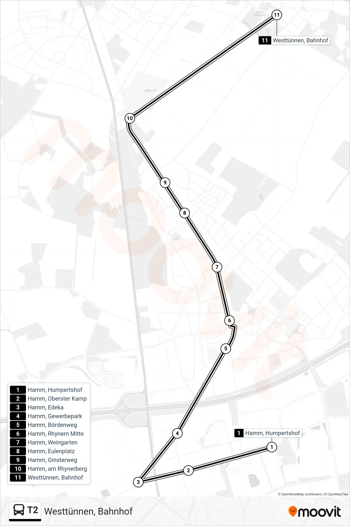 Linie T2 (Bus) Richtung Westtünnen, Bahnhof: Route und Haltestellen auf der Karte