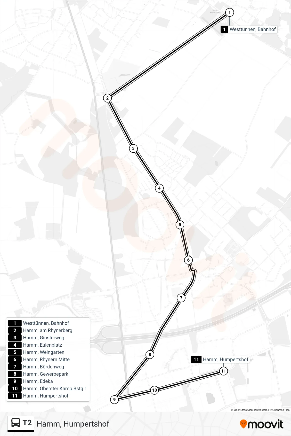 Linie T2 (Bus) Richtung Hamm, Humpertshof: Route und Haltestellen auf der Karte