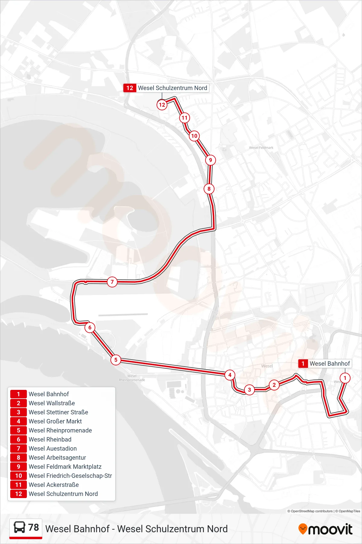 78 bus Line (Wesel Schulzentrum Nord) route and stops on a map