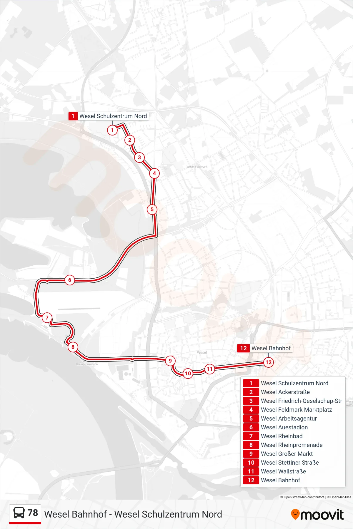 Linie 78 (Bus) Richtung Wesel Bahnhof: Route und Haltestellen auf der Karte