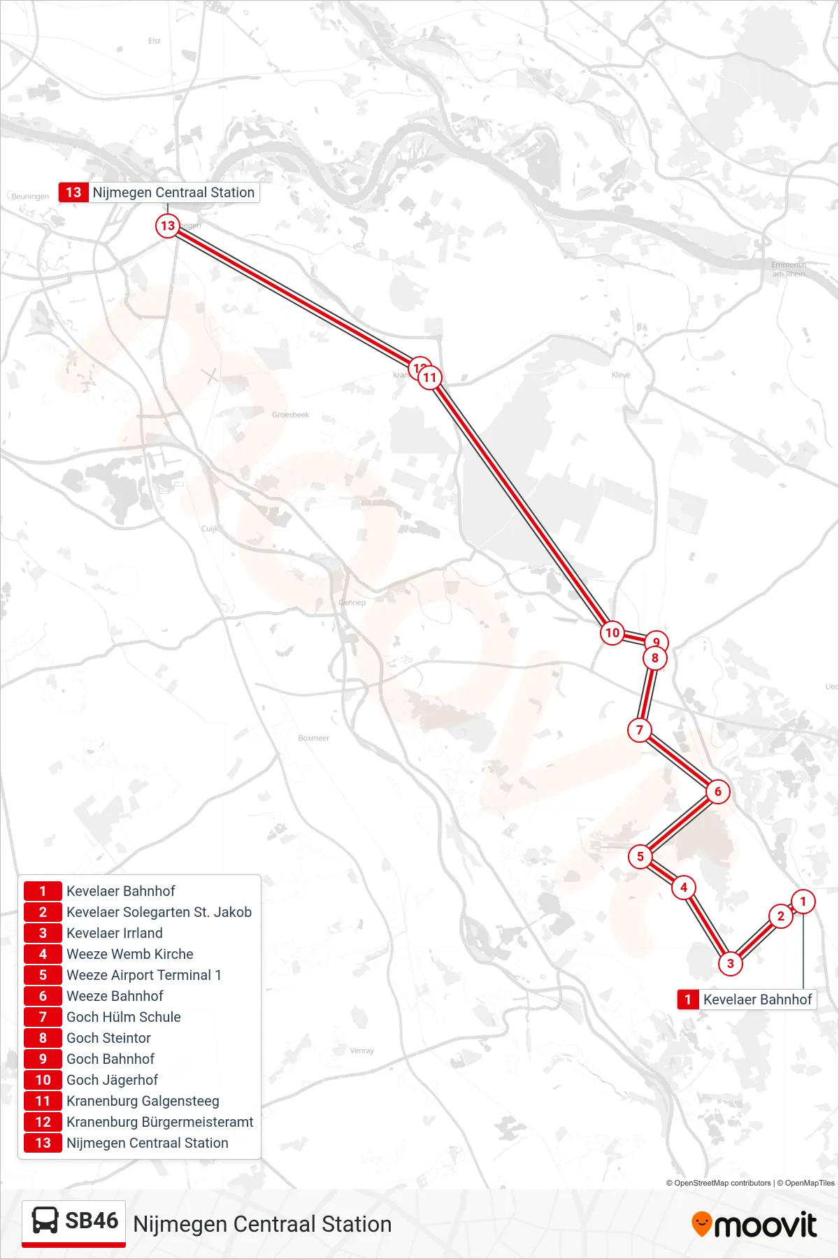 Linie SB46 (Bus) Richtung Nijmegen Centraal Station: Route und Haltestellen auf der Karte