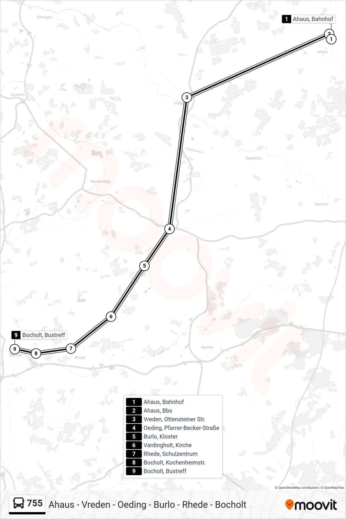 755 bus Line (Bocholt, Bustreff Bstg D2) route and stops on a map