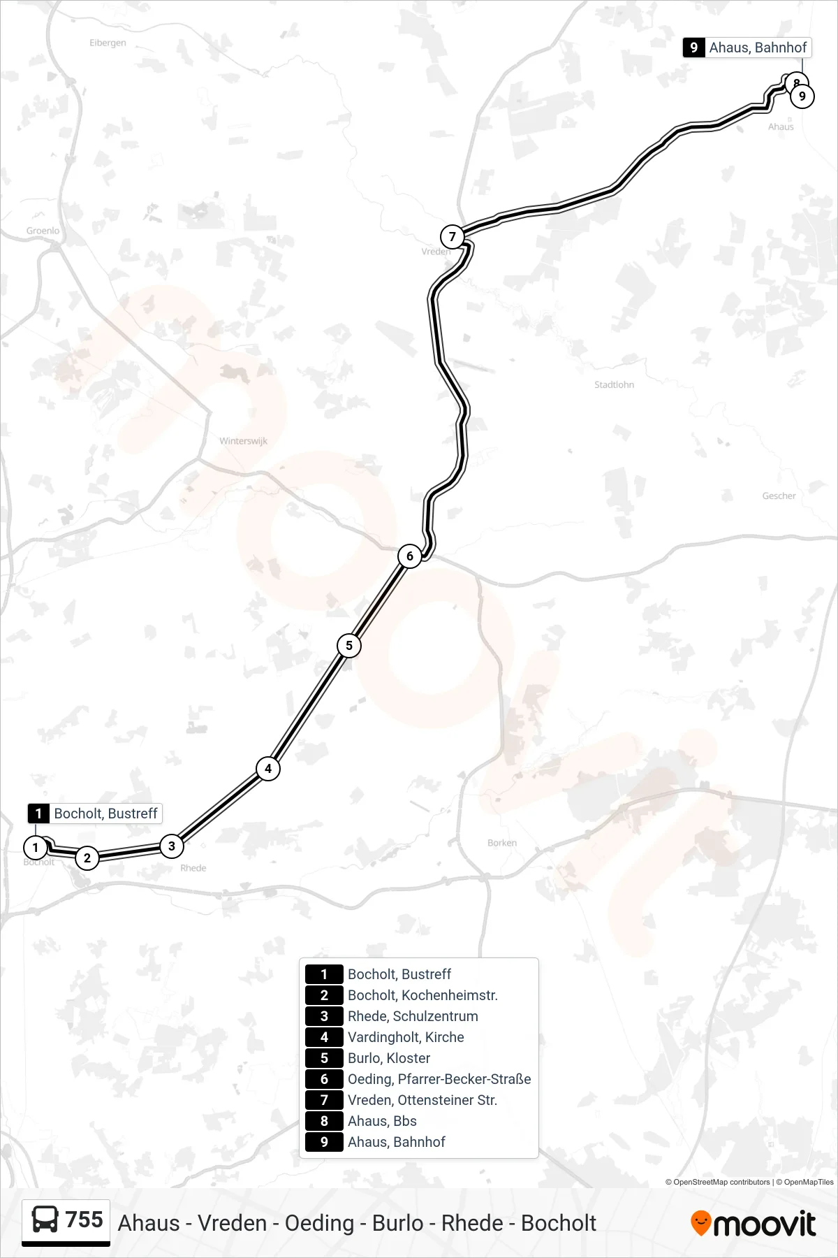 Linie 755 (Bus) Richtung Ahaus, Bahnhof Bstg C3: Route und Haltestellen auf der Karte