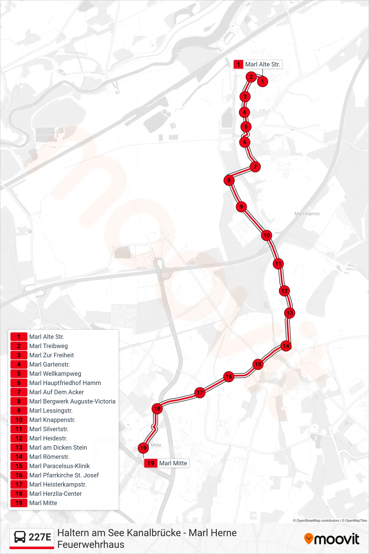 227E bus Line (Marl Mitte) route and stops on a map