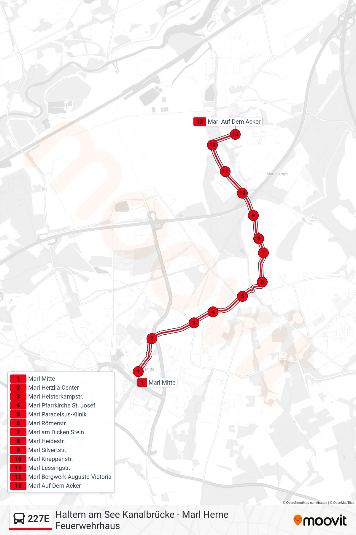 Linie 227E (Bus) Richtung Marl Auf Dem Acker: Route und Haltestellen auf der Karte