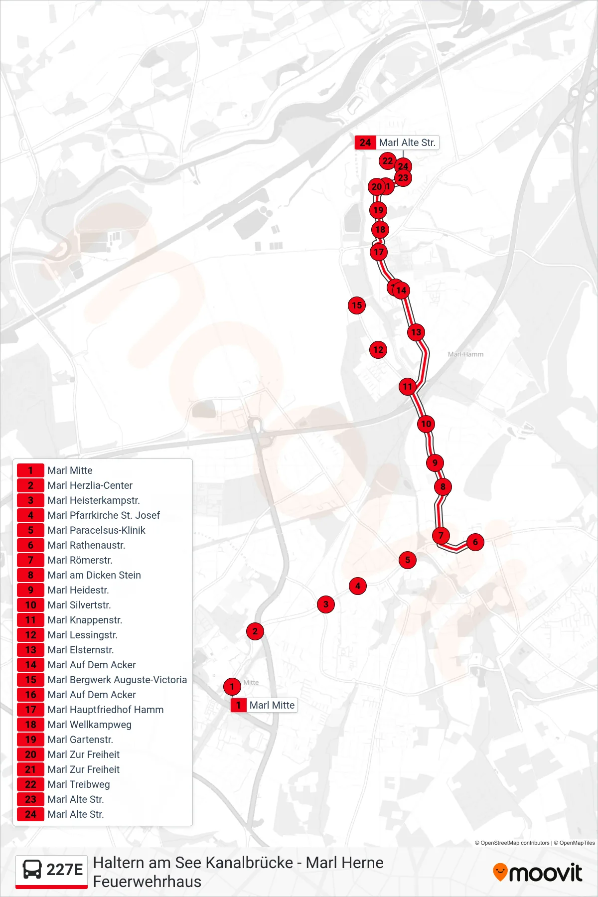 Linie 227E (Bus) Richtung Marl Alte Str.: Route und Haltestellen auf der Karte