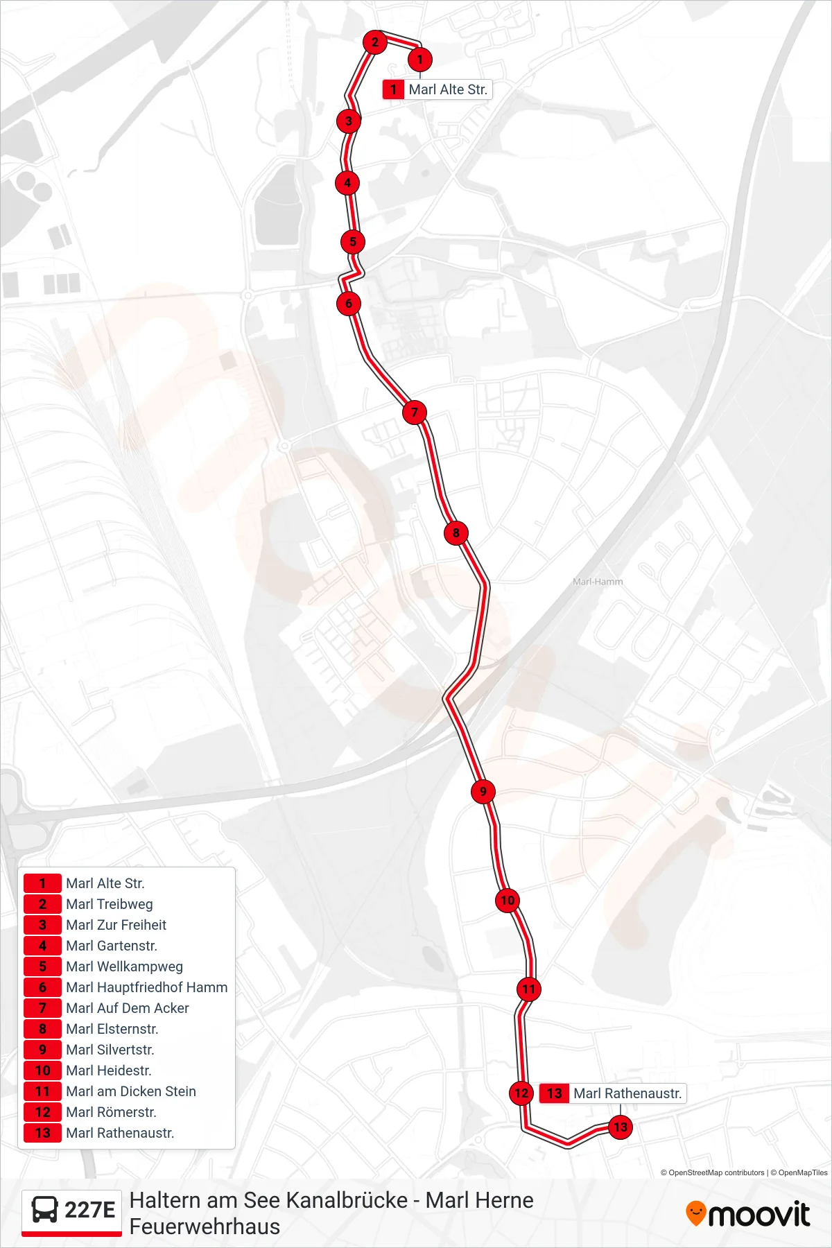 Linie 227E (Bus) Richtung Marl Rathenaustr.: Route und Haltestellen auf der Karte