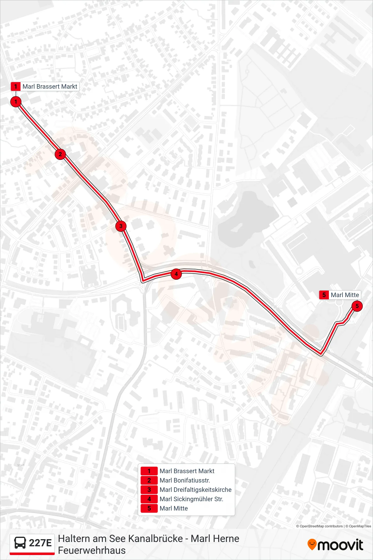 227E bus Line (Marl Mitte) route and stops on a map