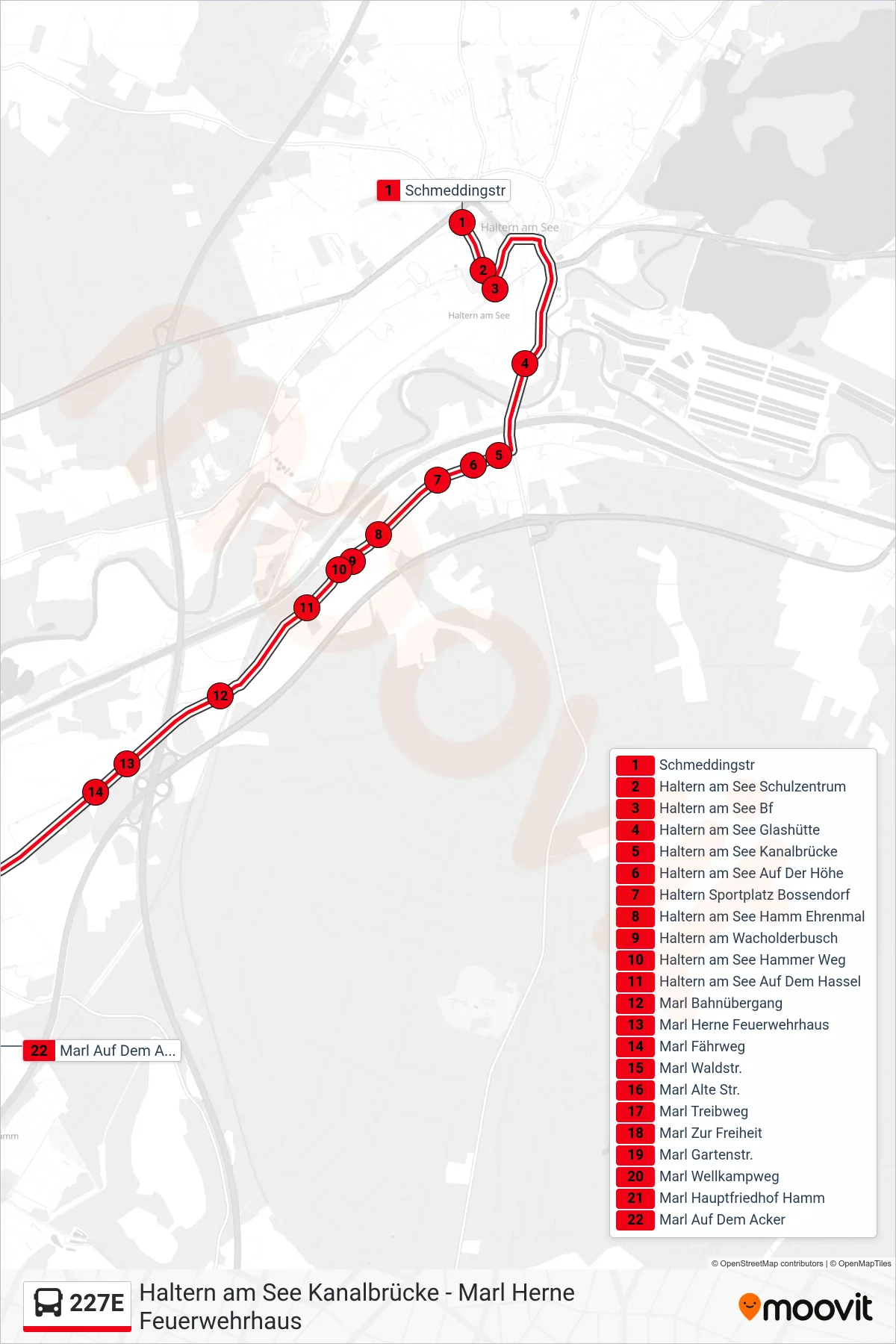 227E bus Line (Marl Auf Dem Acker) route and stops on a map