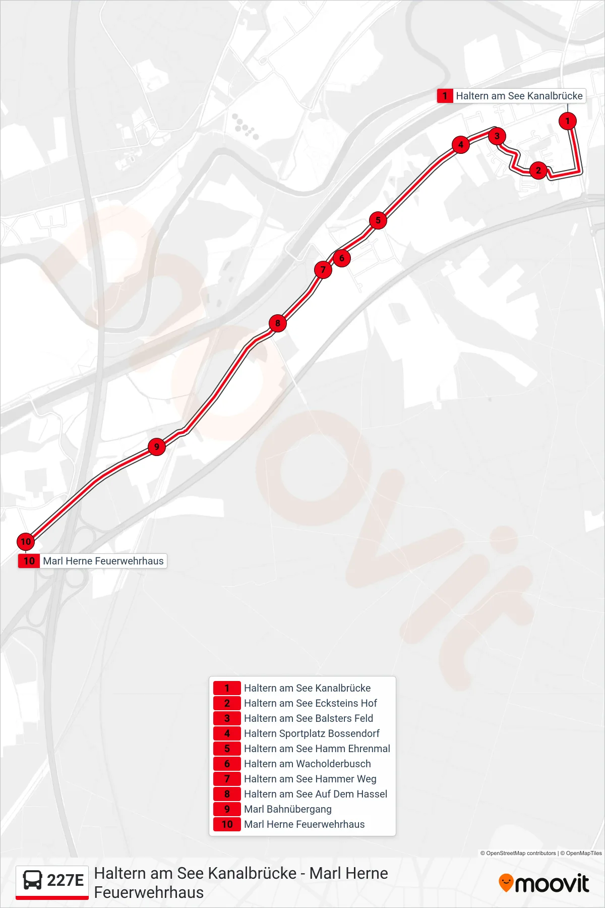 227E bus Line (Marl Herne Feuerwehrhaus) route and stops on a map