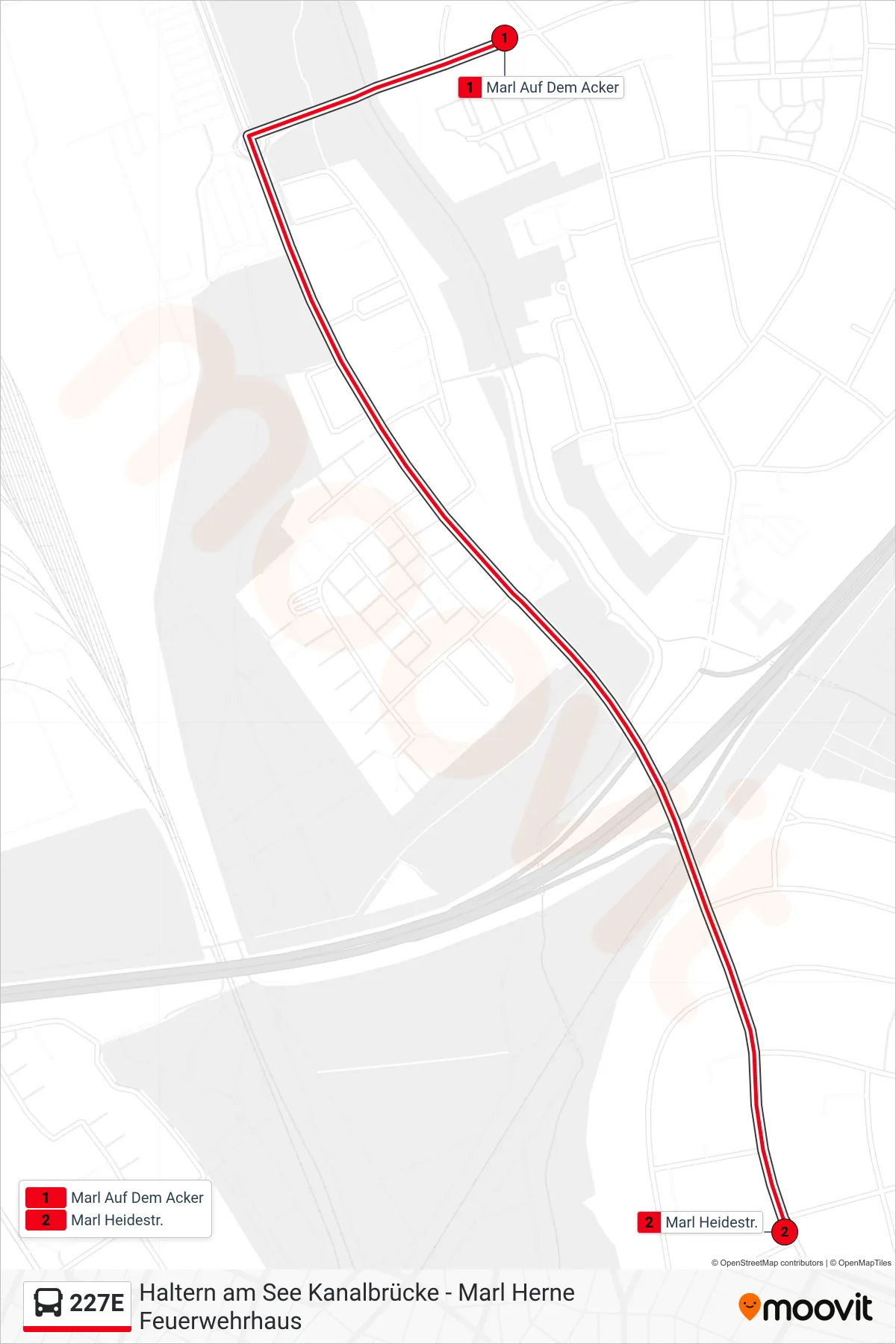 Linie 227E (Bus) Richtung Marl Heidestr.: Route und Haltestellen auf der Karte