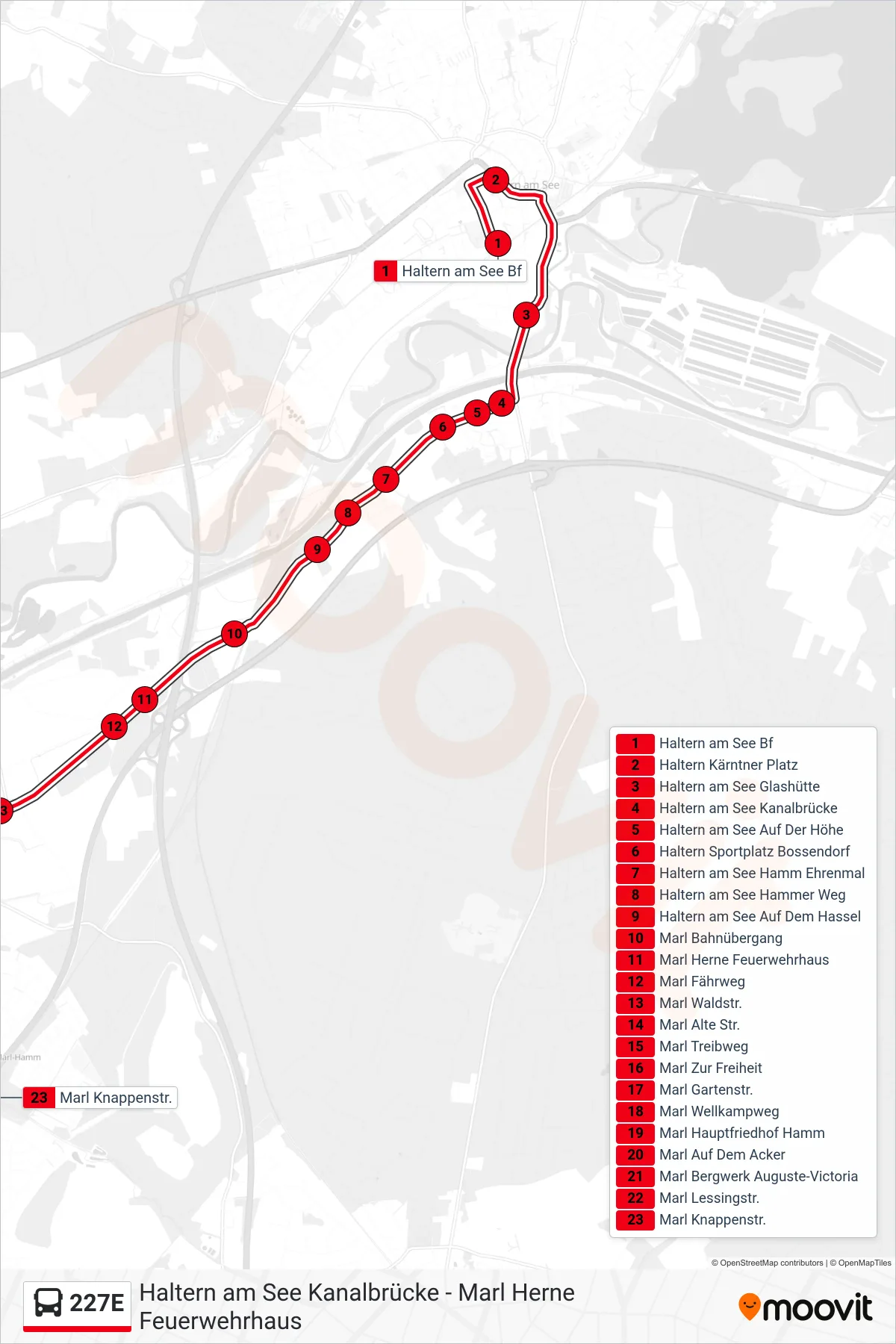 Linie 227E (Bus) Richtung Marl Knappenstr.: Route und Haltestellen auf der Karte