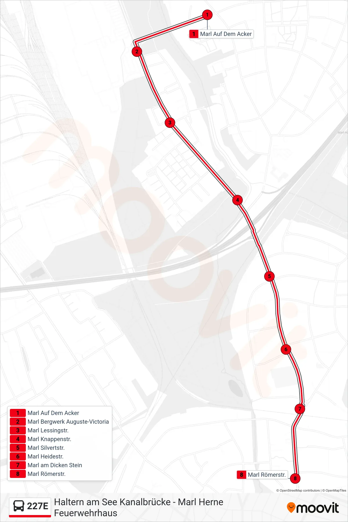 Linie 227E (Bus) Richtung Marl Römerstr.: Route und Haltestellen auf der Karte