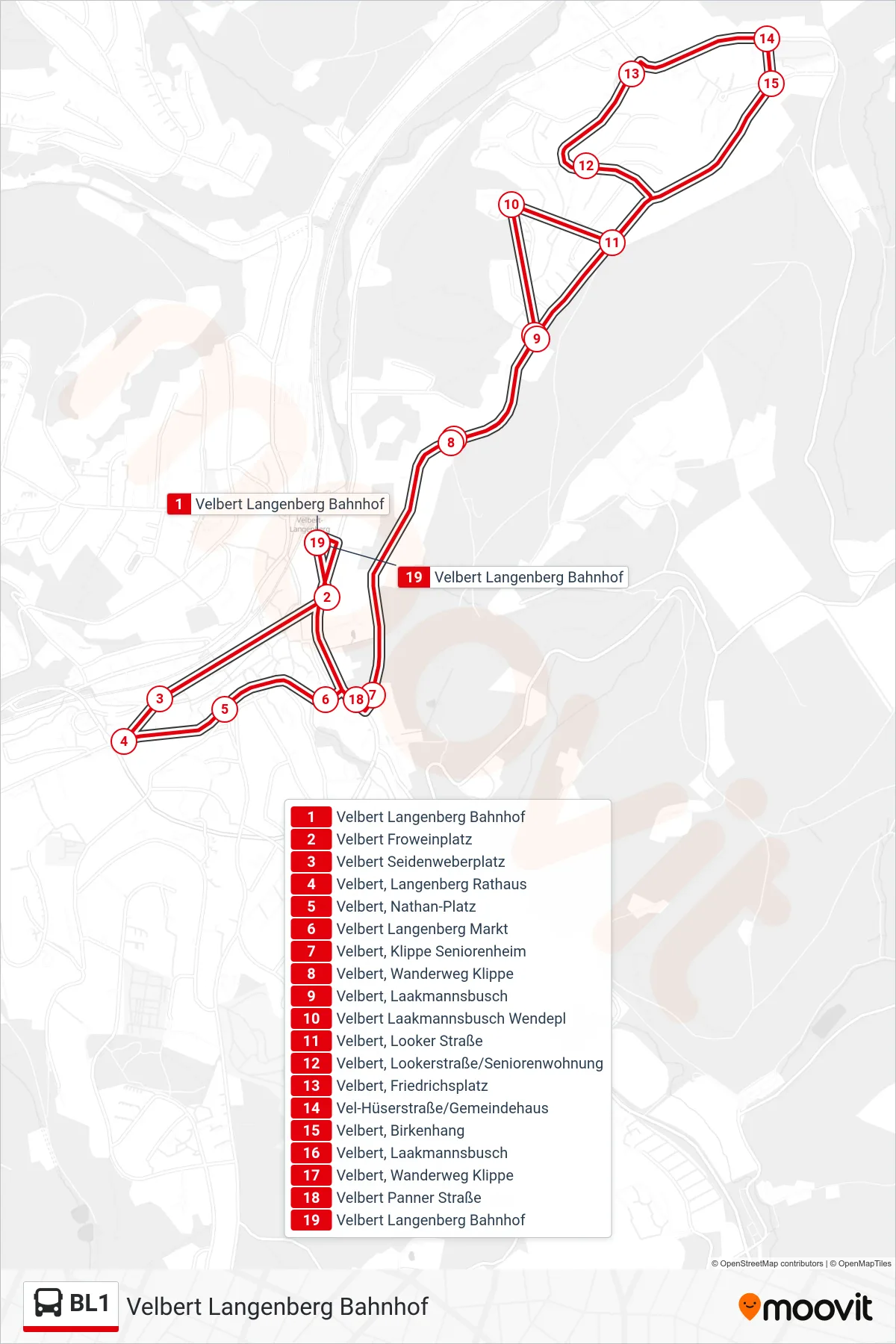 Linie BL1 (Bus) Richtung Velbert Langenberg Bahnhof: Route und Haltestellen auf der Karte