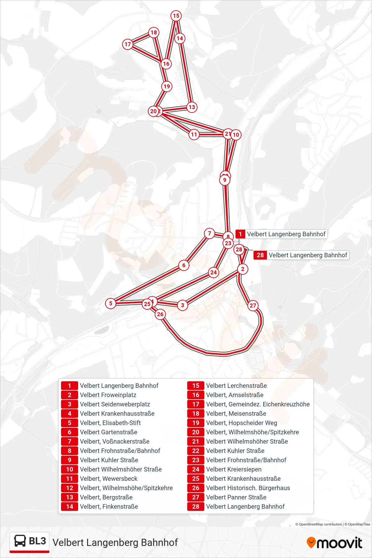 Linie BL3 (Bus) Richtung Velbert Langenberg Bahnhof: Route und Haltestellen auf der Karte
