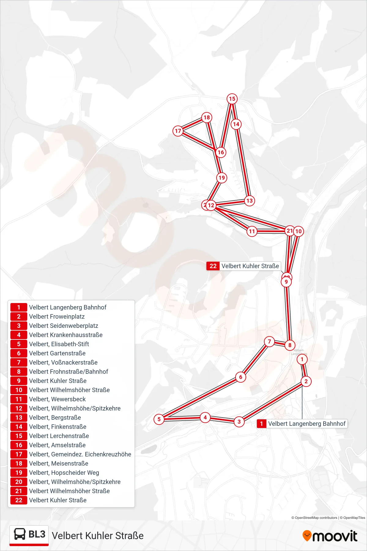 Linie BL3 (Bus) Richtung Velbert Kuhler Straße: Route und Haltestellen auf der Karte