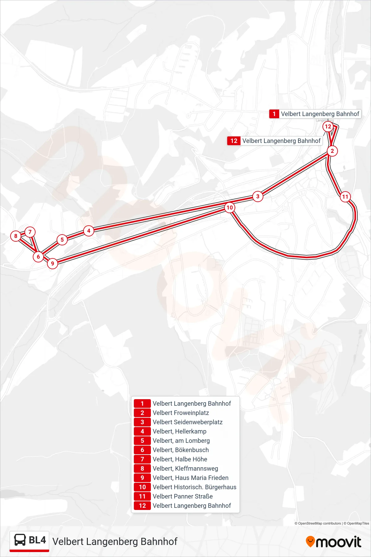 Linie BL4 (Bus) Richtung Velbert Langenberg Bahnhof: Route und Haltestellen auf der Karte