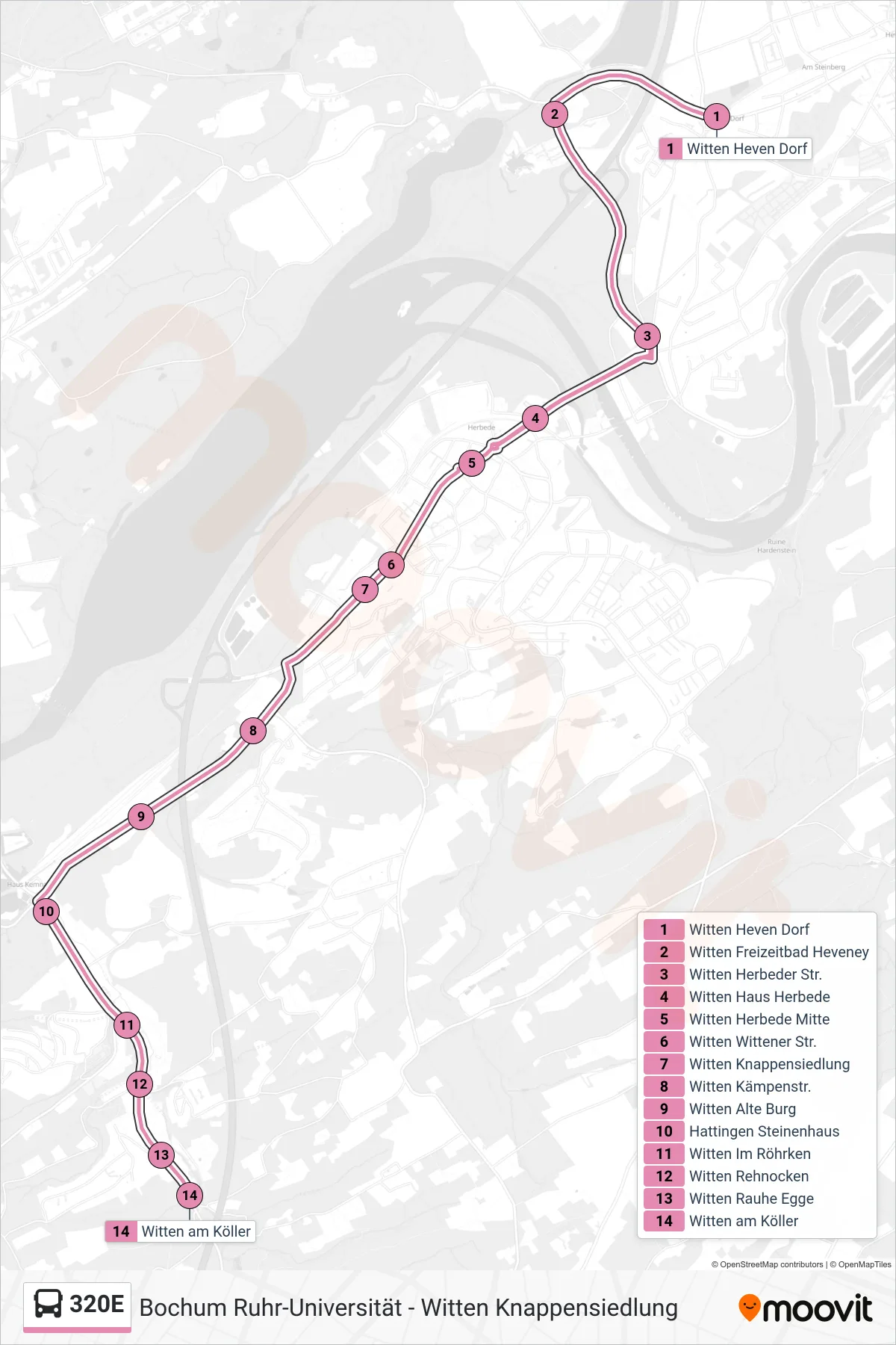 320E bus Line (Witten am Köller) route and stops on a map
