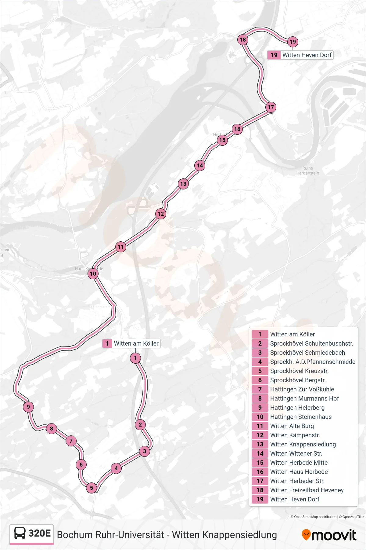 Linie 320E (Bus) Richtung Witten Heven Dorf: Route und Haltestellen auf der Karte