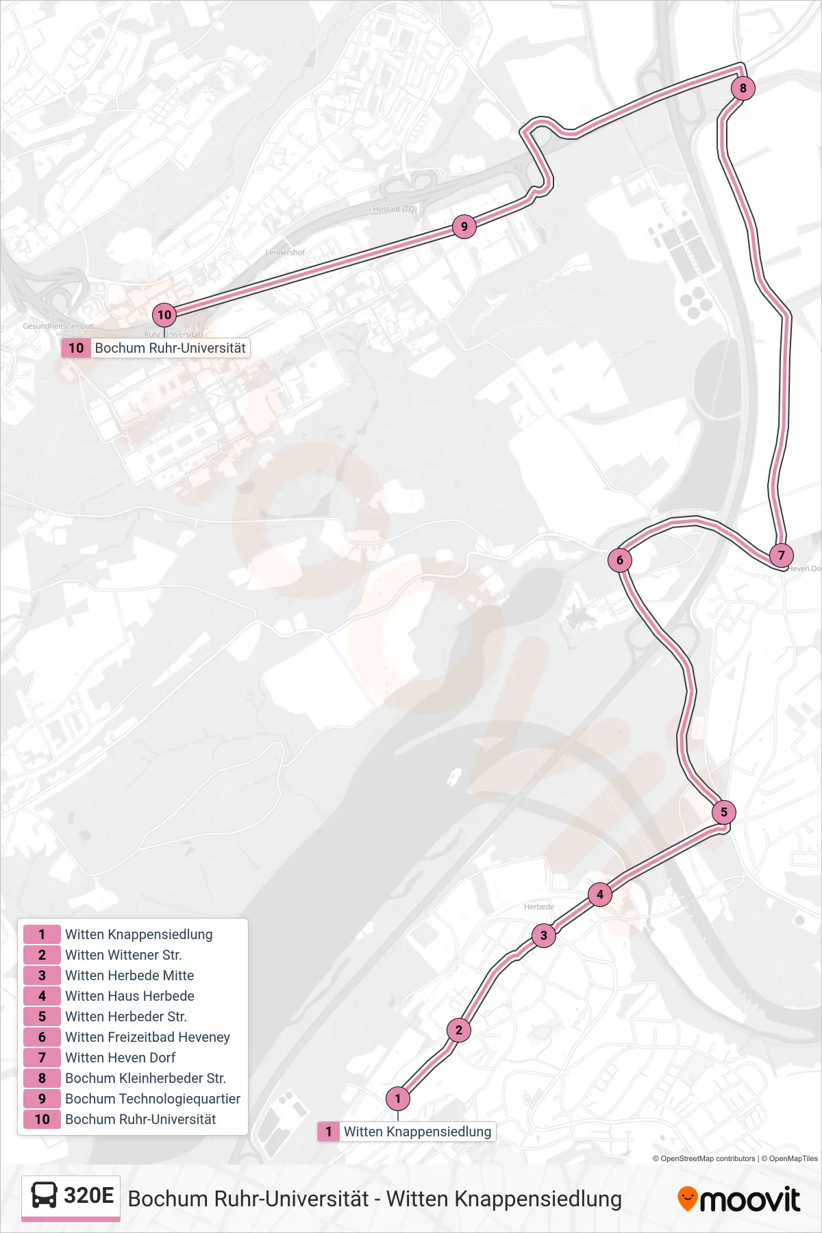 Linie 320E (Bus) Richtung Bochum Ruhr-Universität: Route und Haltestellen auf der Karte