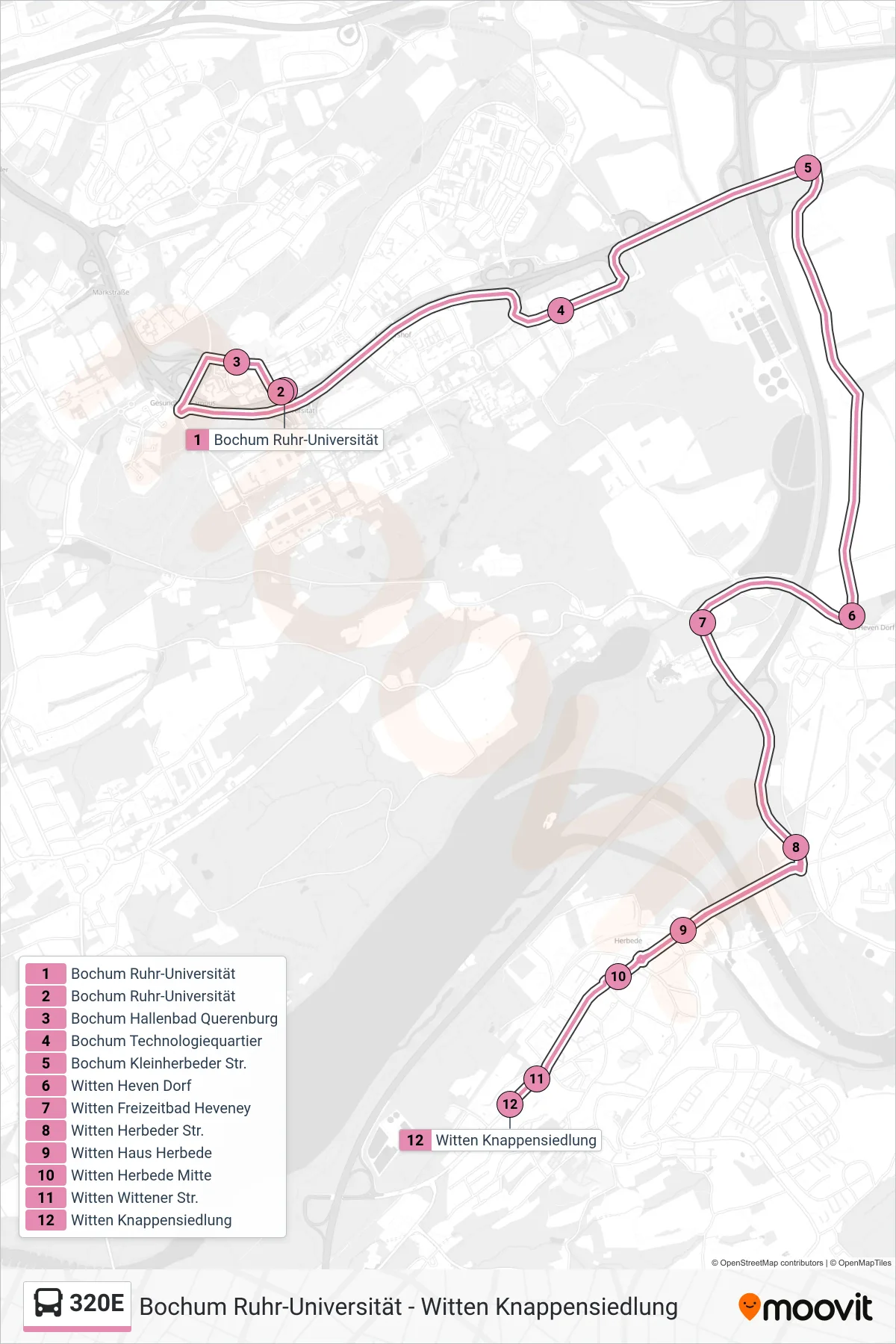Linie 320E (Bus) Richtung Witten Knappensiedlung: Route und Haltestellen auf der Karte