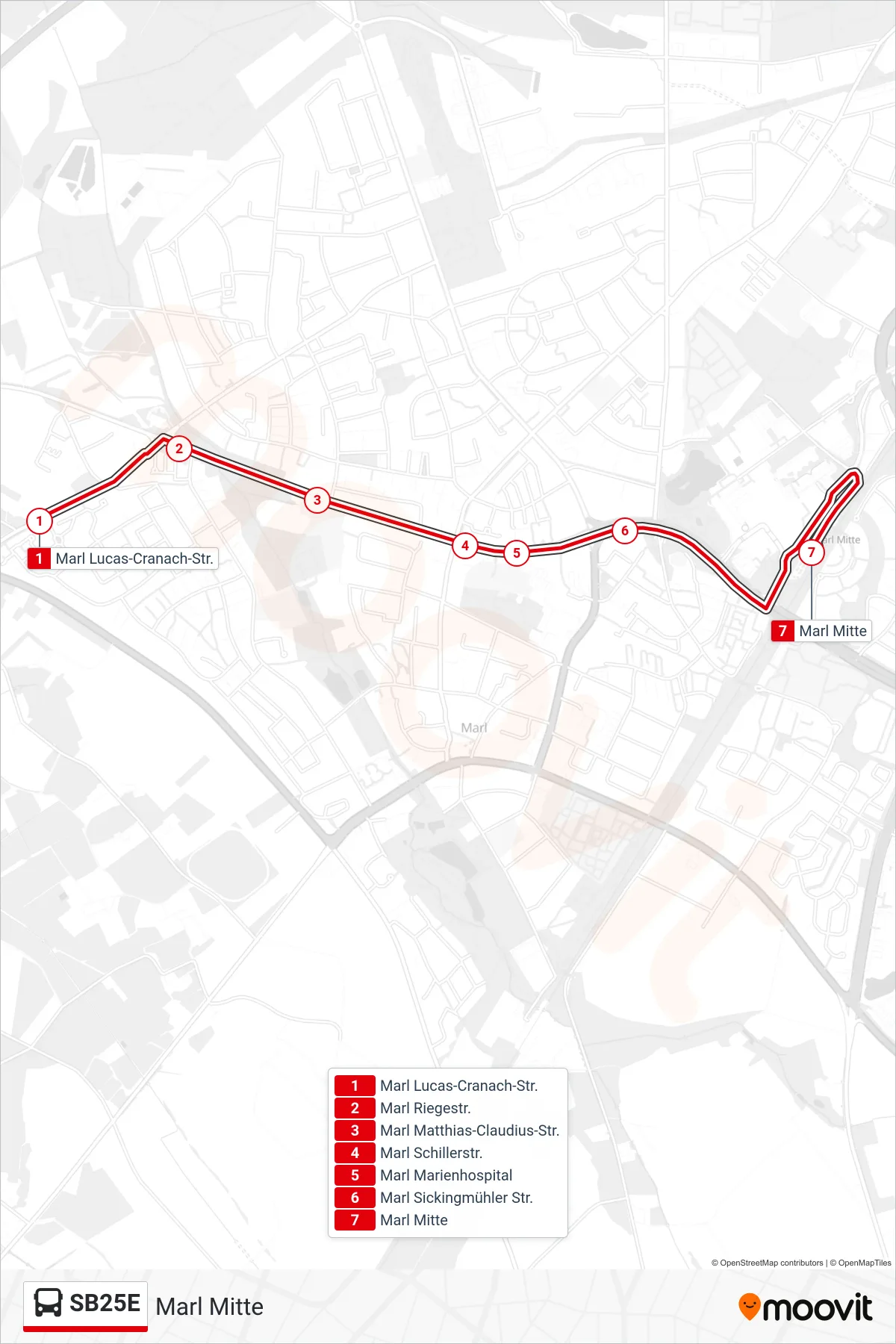 Linie SB25E (Bus) Richtung Marl Mitte: Route und Haltestellen auf der Karte
