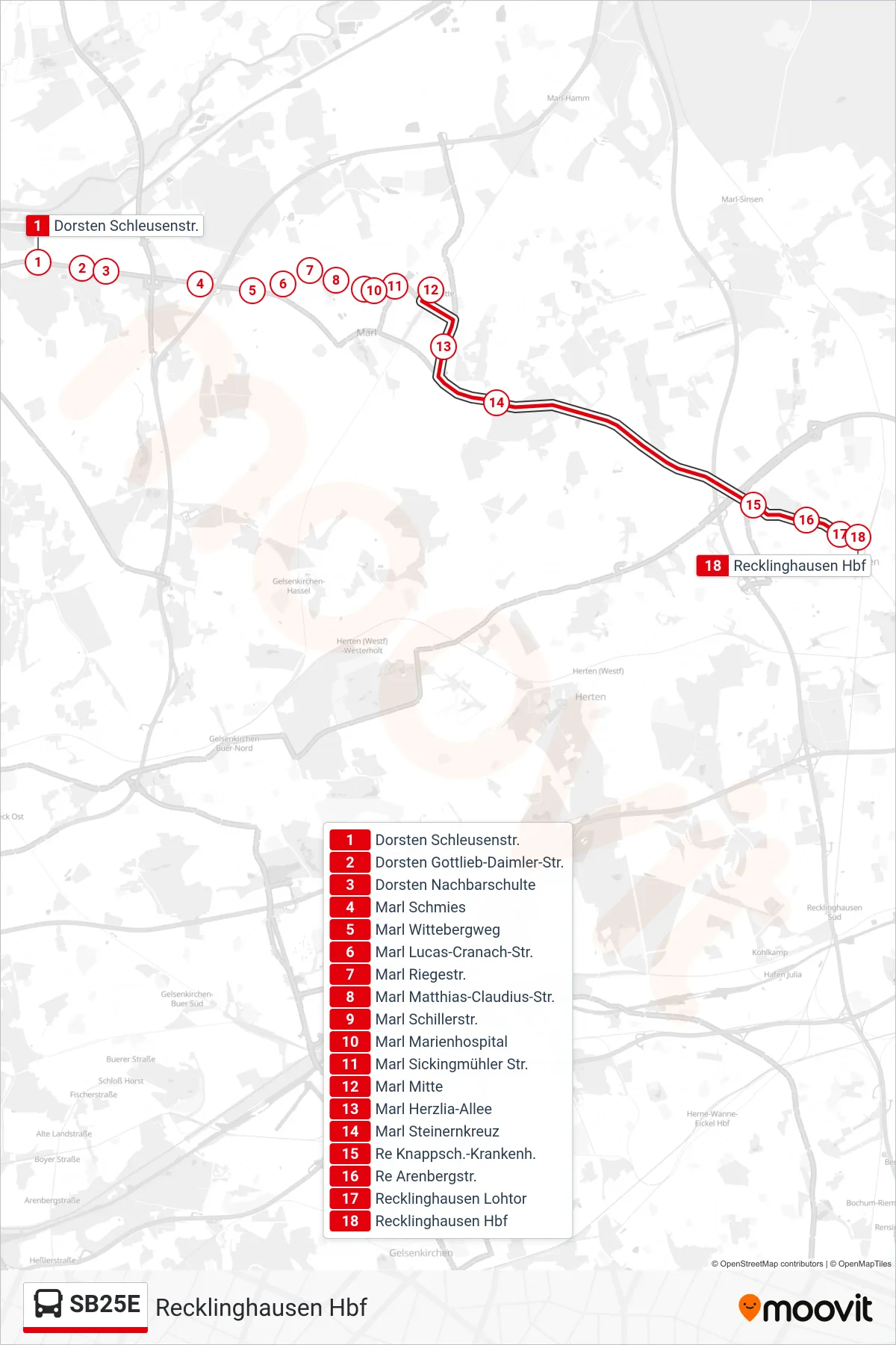 SB25E bus Line (Recklinghausen Hbf) route and stops on a map