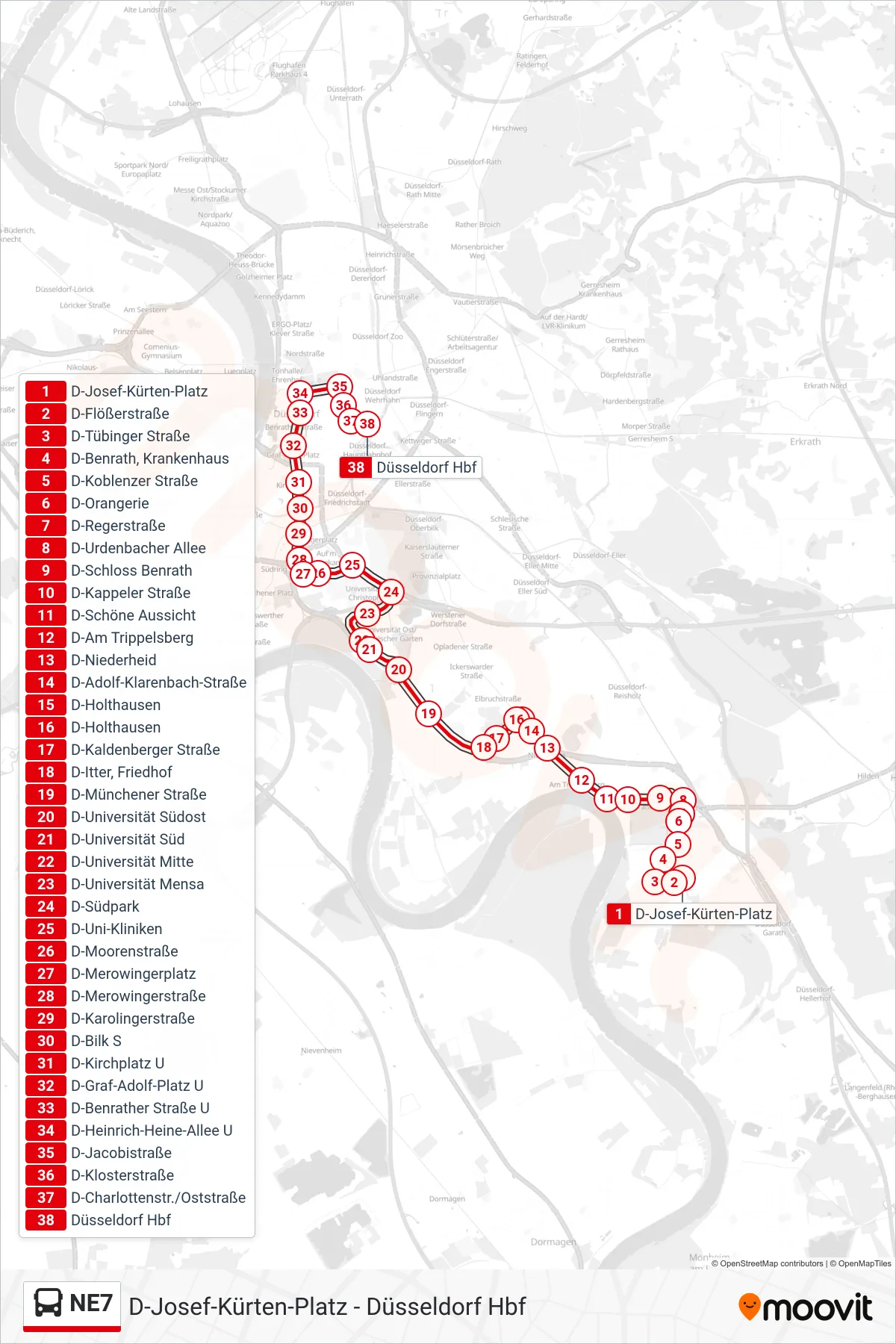 Linie NE7 (Bus) Richtung Düsseldorf Hbf: Route und Haltestellen auf der Karte