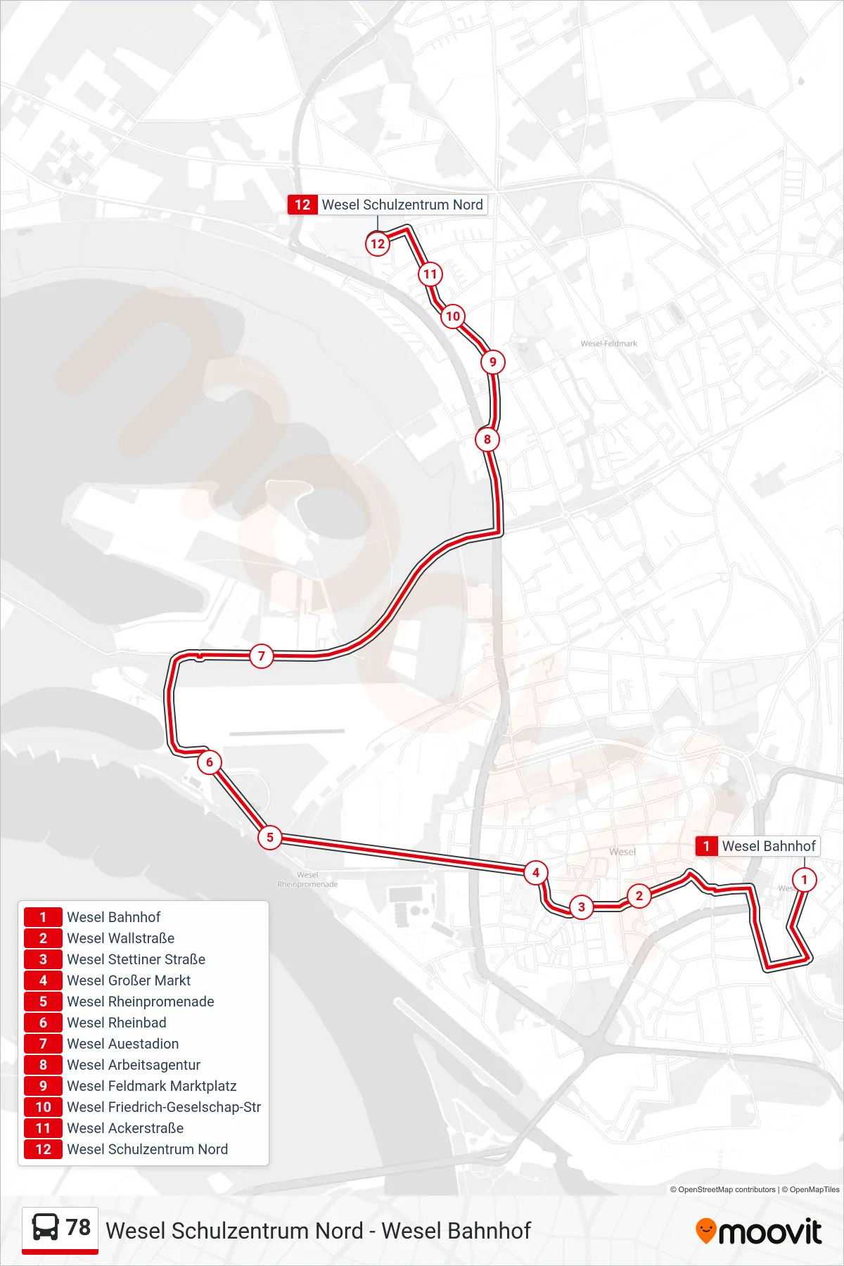 78 bus Line (Wesel Schulzentrum Nord) route and stops on a map