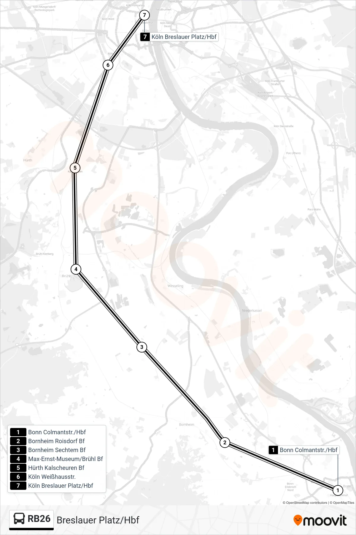 RB26 bus Line (Breslauer Platz/Hbf) route and stops on a map