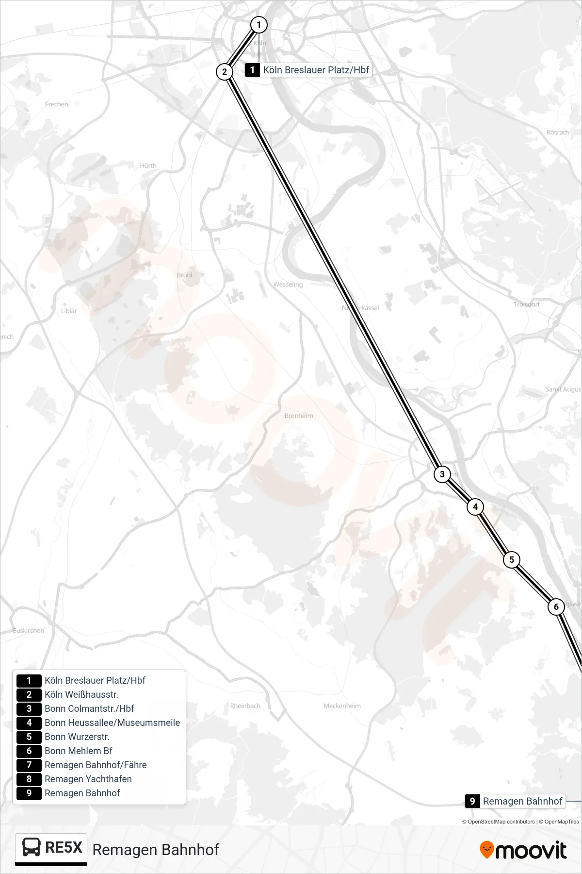 RE5X bus Line (Remagen Bahnhof) route and stops on a map