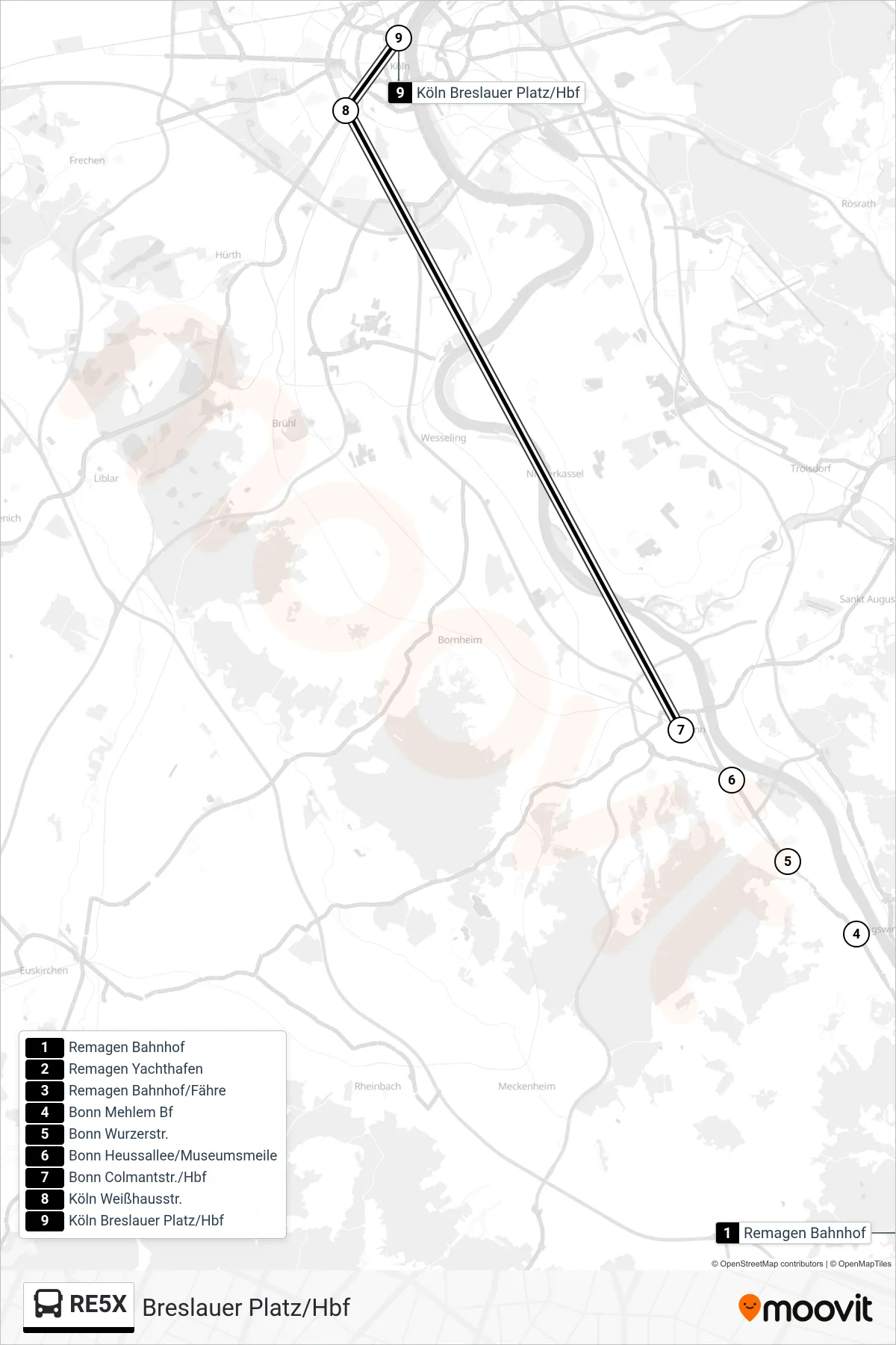 RE5X bus Line (Breslauer Platz/Hbf) route and stops on a map