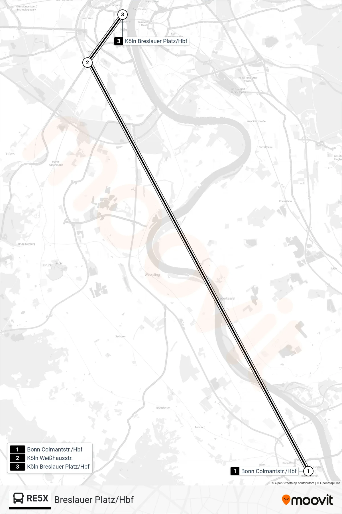 RE5X bus Line (Breslauer Platz/Hbf) route and stops on a map