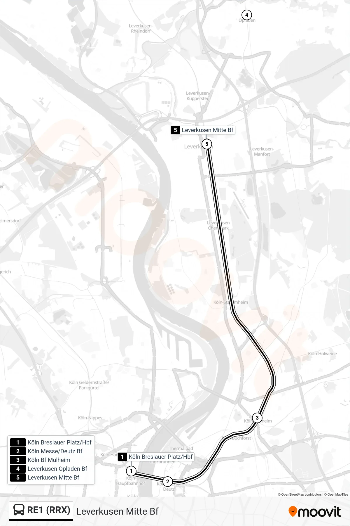 RE1 (RRX) bus Line (Leverkusen Mitte Bf) route and stops on a map