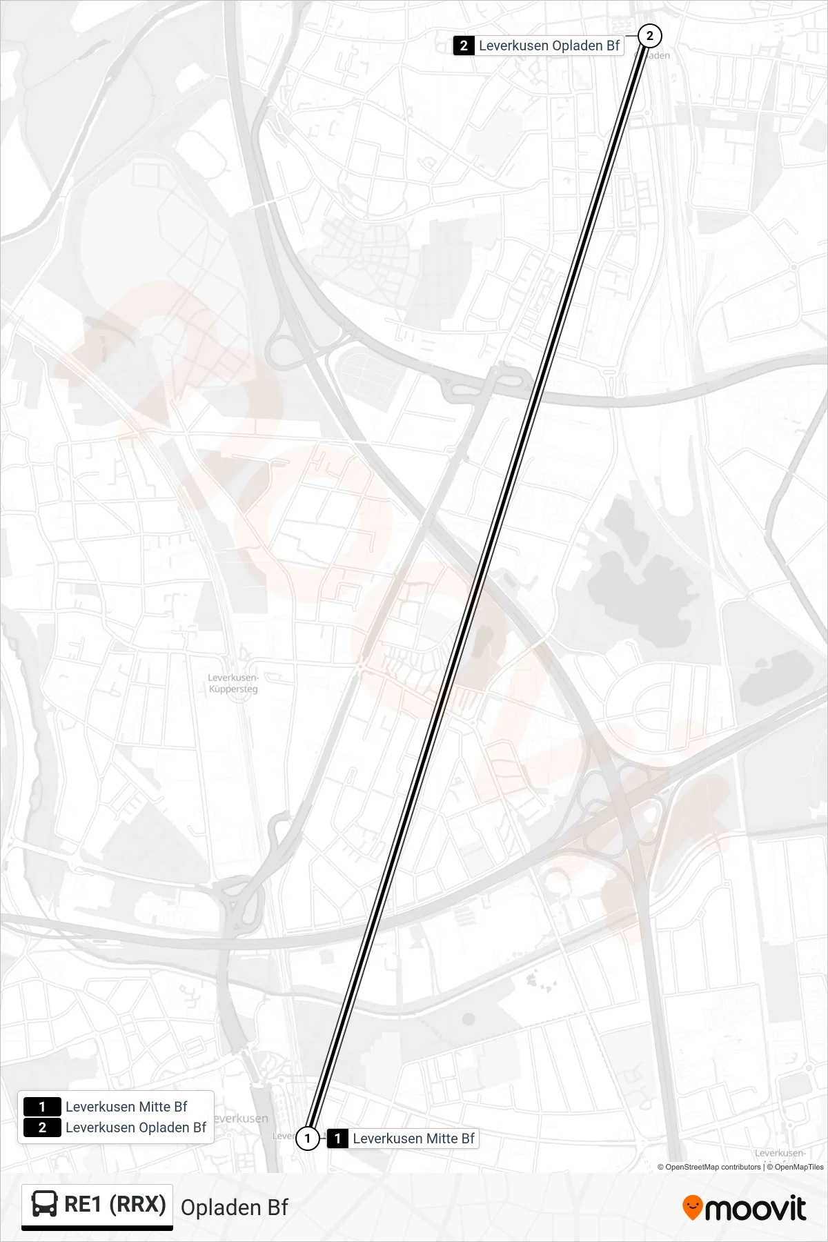 RE1 (RRX) bus Line (Opladen Bf) route and stops on a map