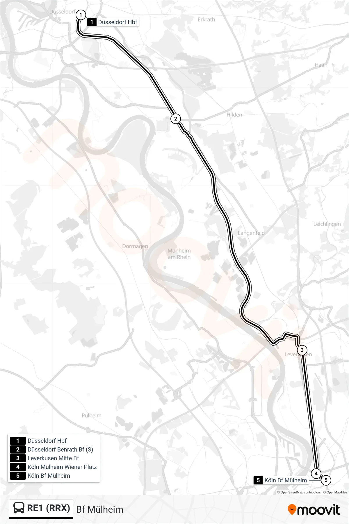 RE1 (RRX) bus Line (Bf Mülheim) route and stops on a map