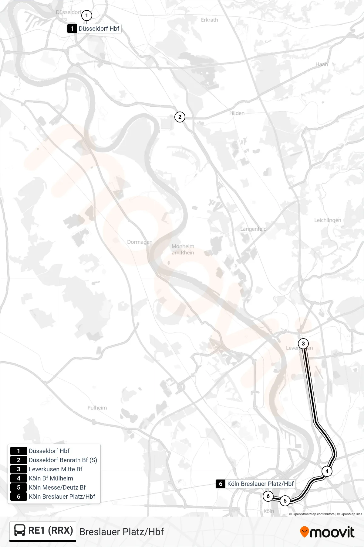 RE1 (RRX) bus Line (Breslauer Platz/Hbf) route and stops on a map