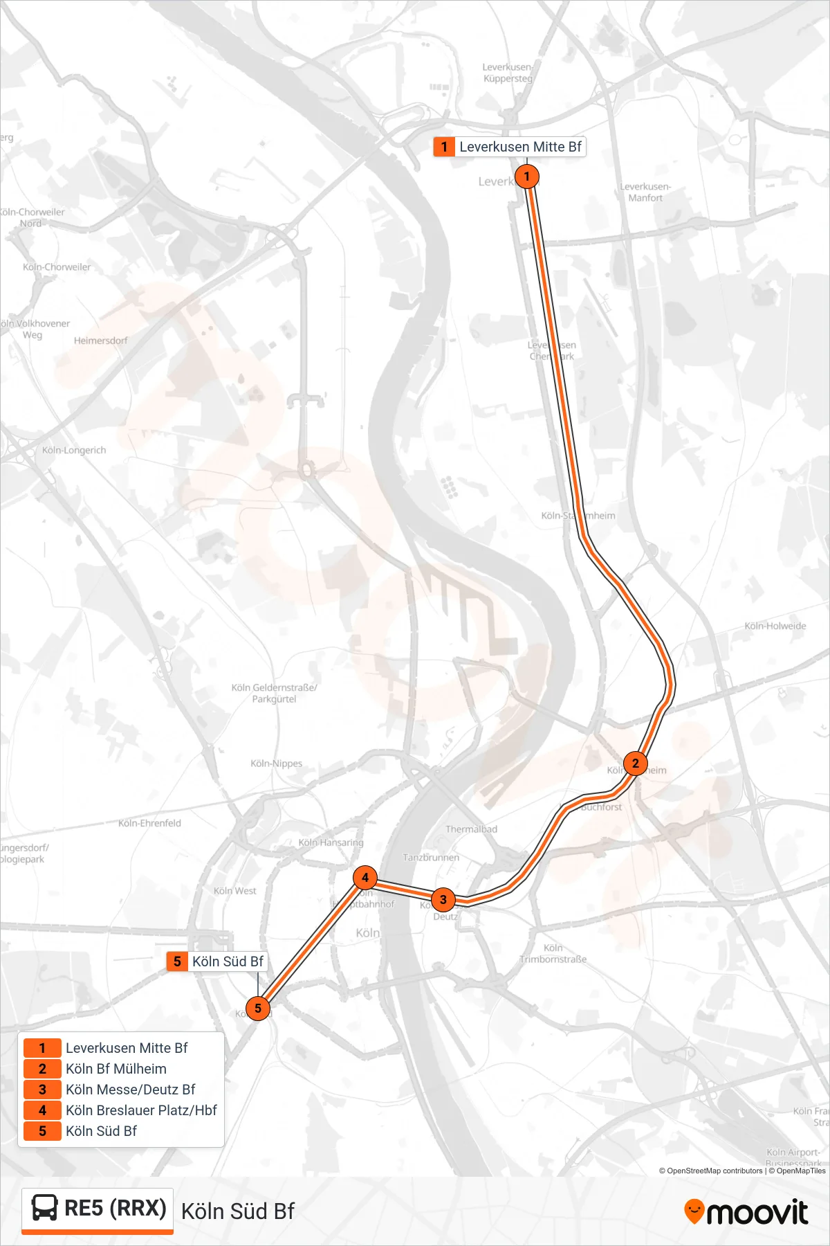 RE5 (RRX) bus Line (Köln Süd Bf) route and stops on a map