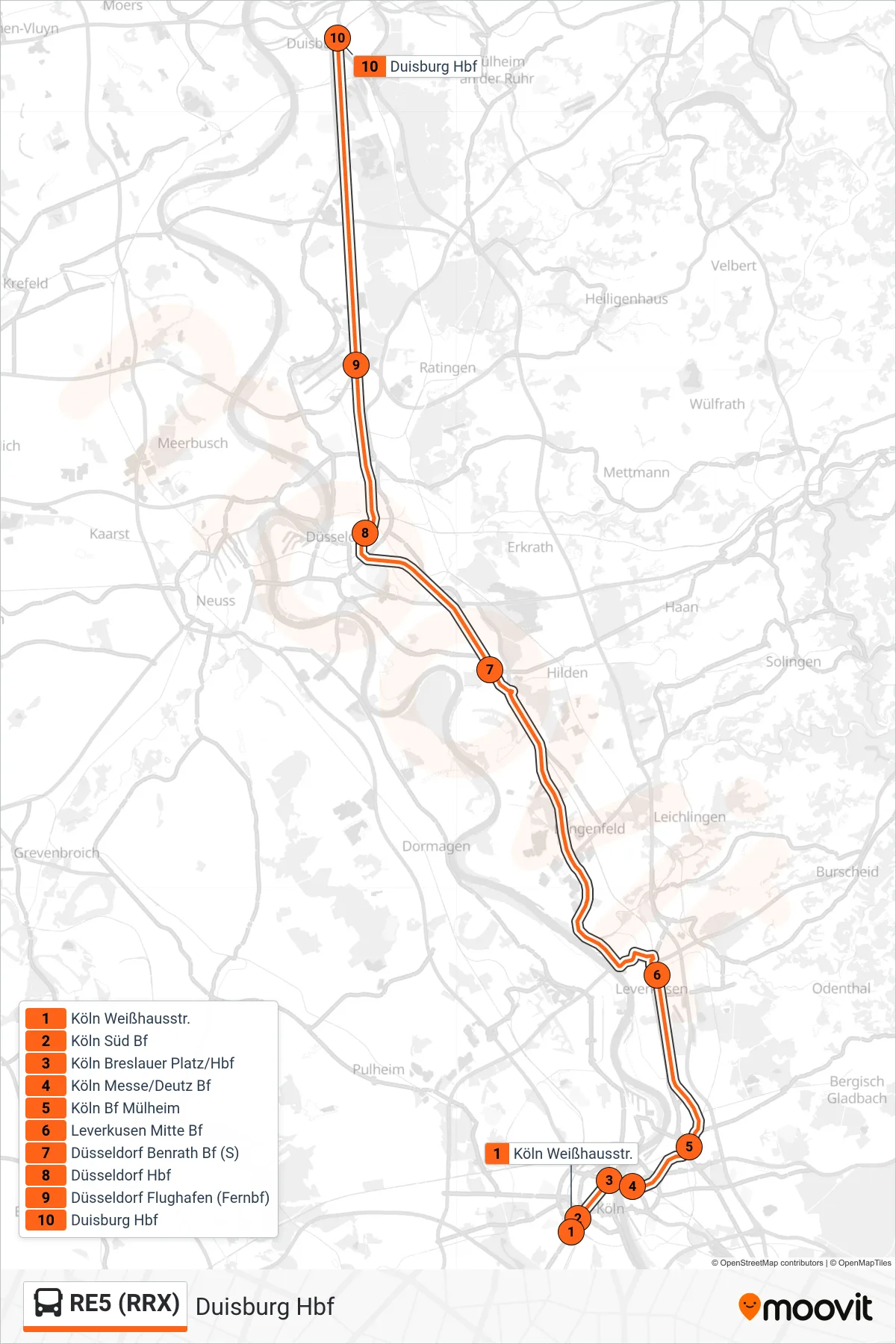 Linie RE5 (RRX) (Bus) Richtung Duisburg Hbf: Route und Haltestellen auf der Karte