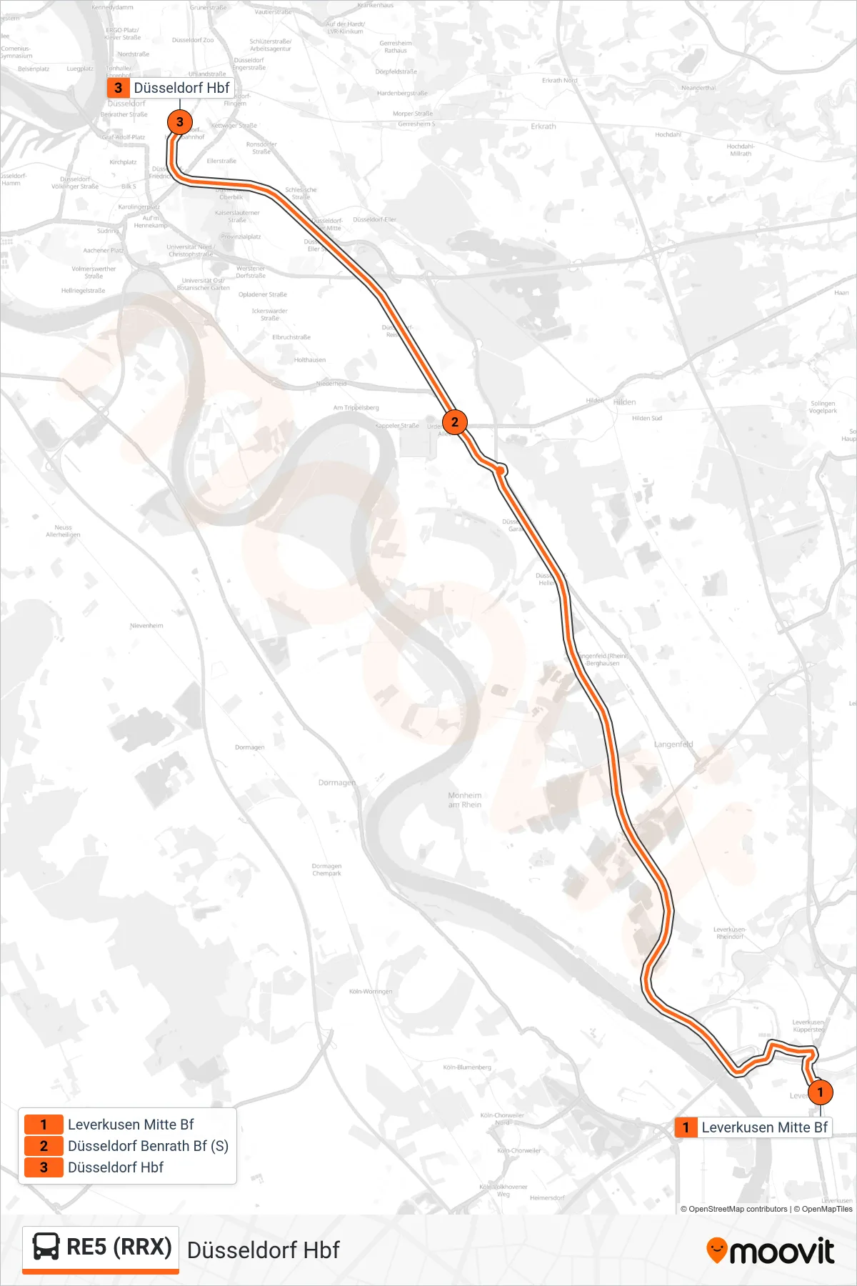 RE5 (RRX) bus Line (Düsseldorf Hbf) route and stops on a map