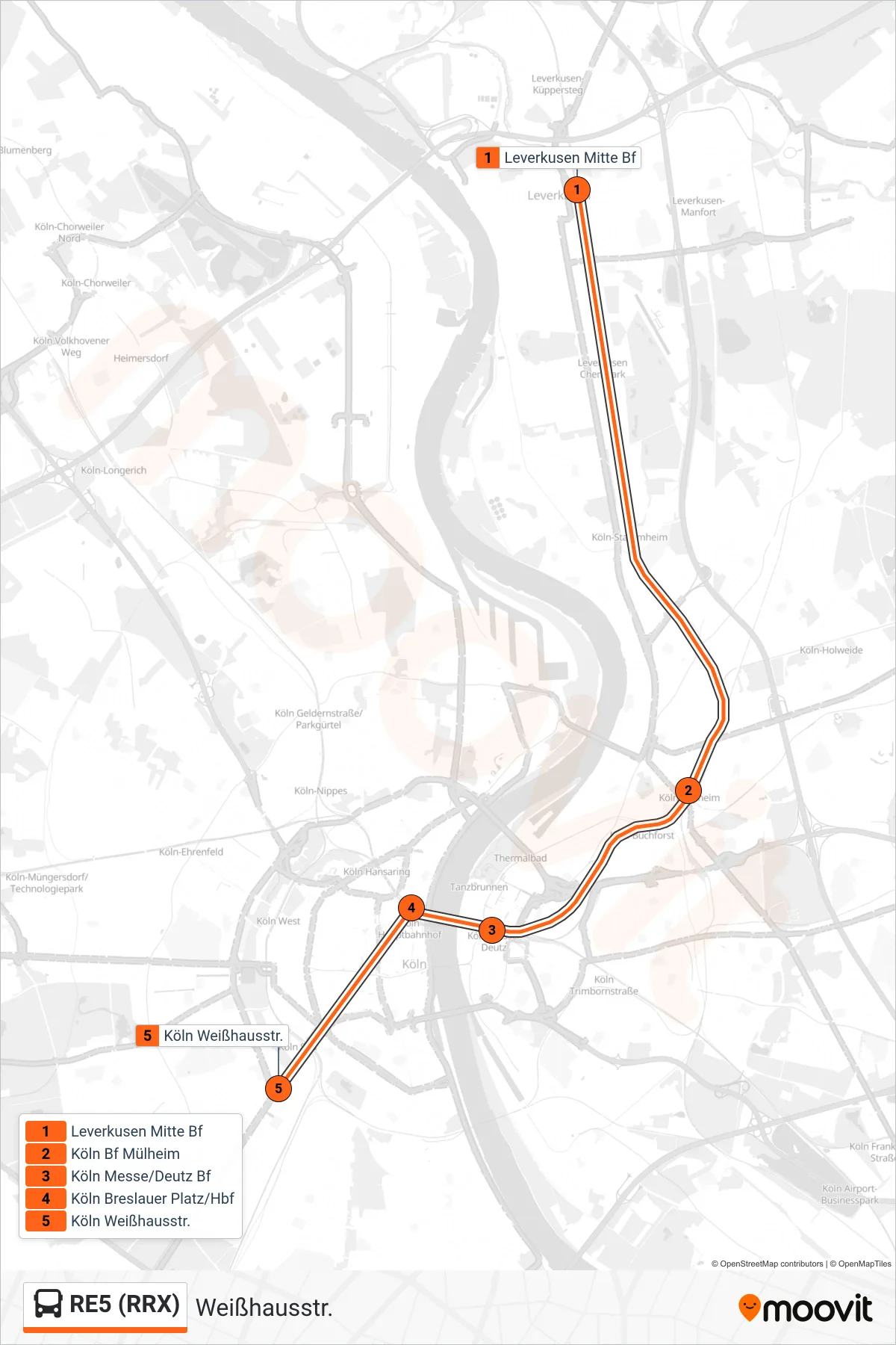 RE5 (RRX) bus Line (Weißhausstr.) route and stops on a map