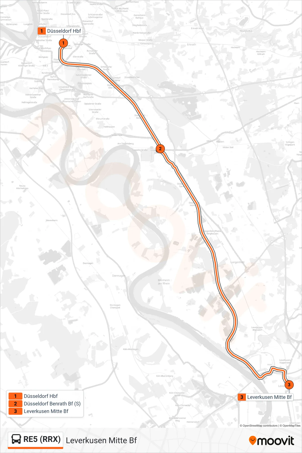 RE5 (RRX) bus Line (Leverkusen Mitte Bf) route and stops on a map
