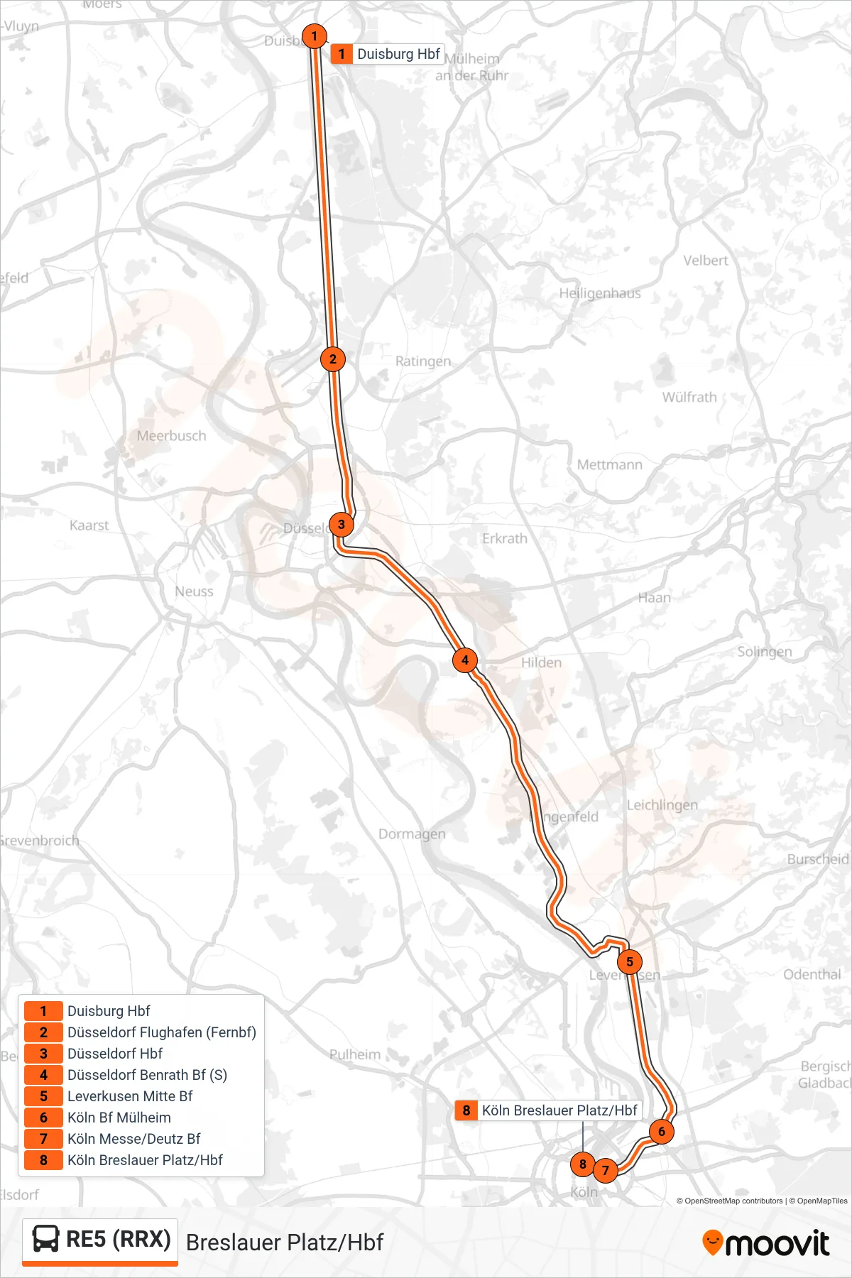 RE5 (RRX) bus Line (Breslauer Platz/Hbf) route and stops on a map