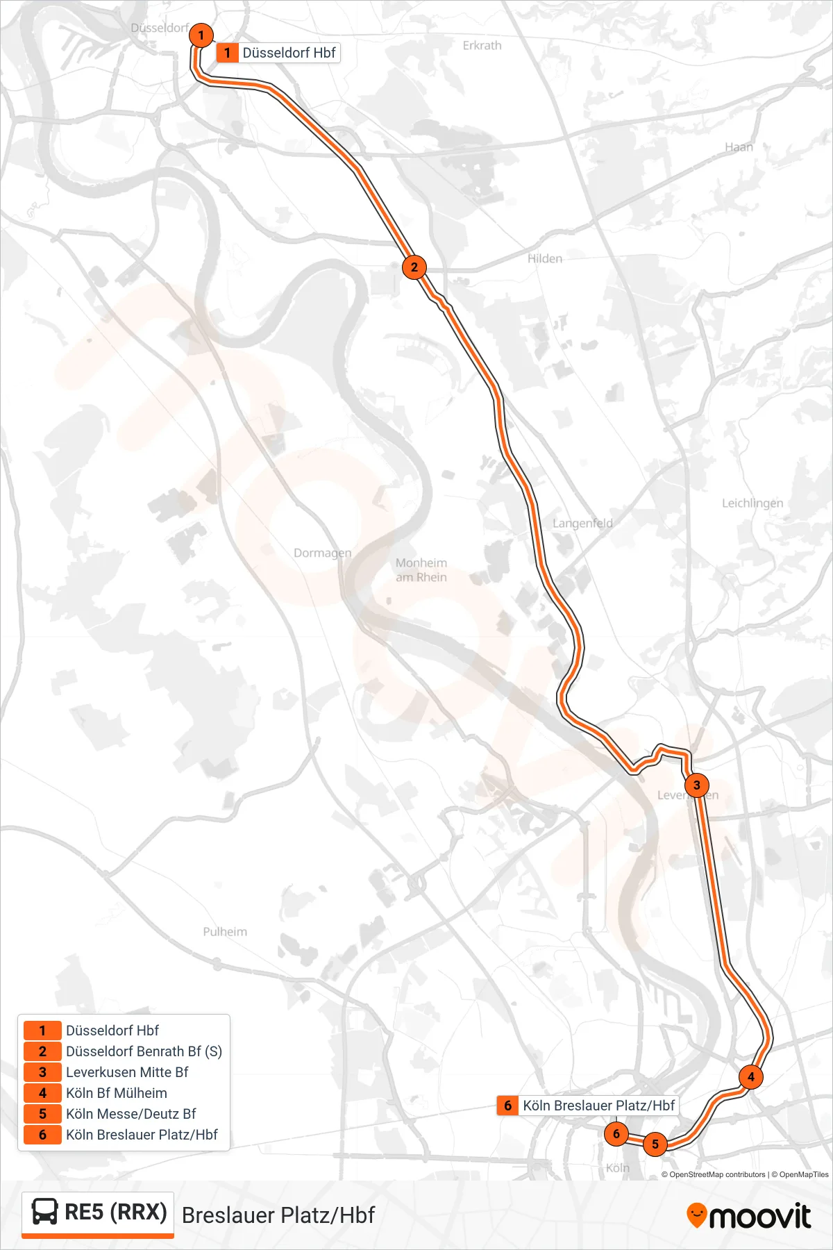 RE5 (RRX) bus Line (Breslauer Platz/Hbf) route and stops on a map